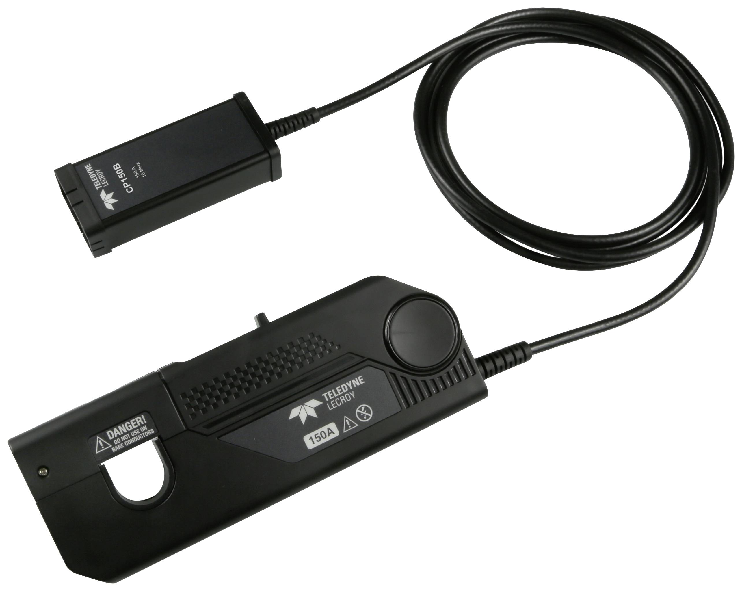 'Teledyne LeCroy' Current clamp with connecting cable. Main device has reading display and warning indicators. The clamp is black.
