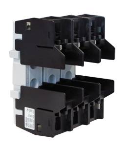 A three-pole electrical switch with a black casing and white interior. Suitable for use in electrical installations.