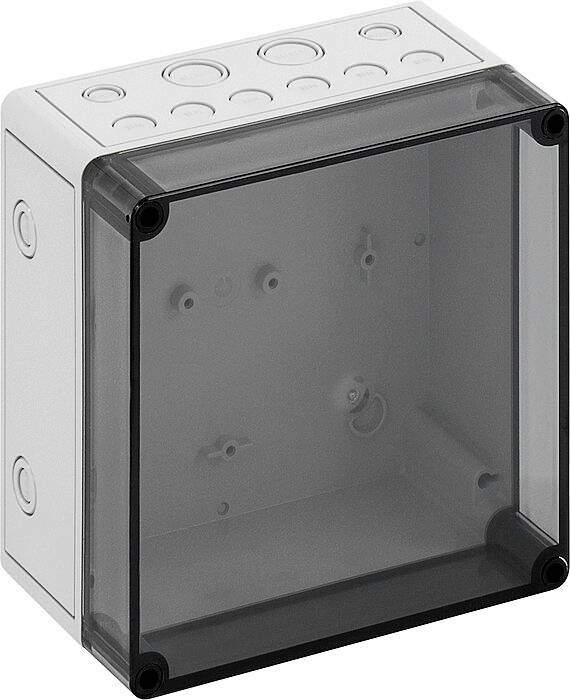 Grey, square plastic casing with a transparent lid and multiple circular openings on the top surface.