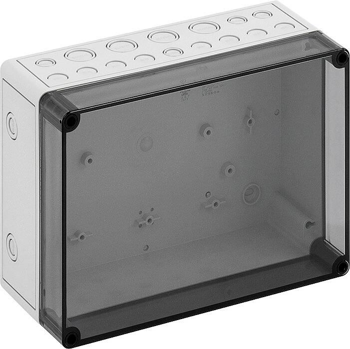 Plastic electronic enclosure with transparent lid and pre-moulded cable entries, suitable for wall mounting.