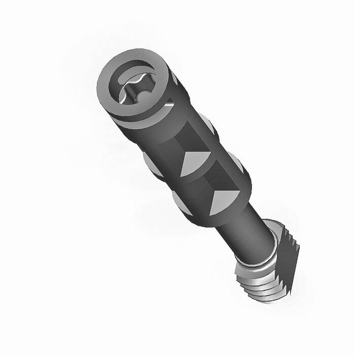 Black plastic wall plug with a ribbed shaft and a cross-head recess, pictured from an overhead perspective.