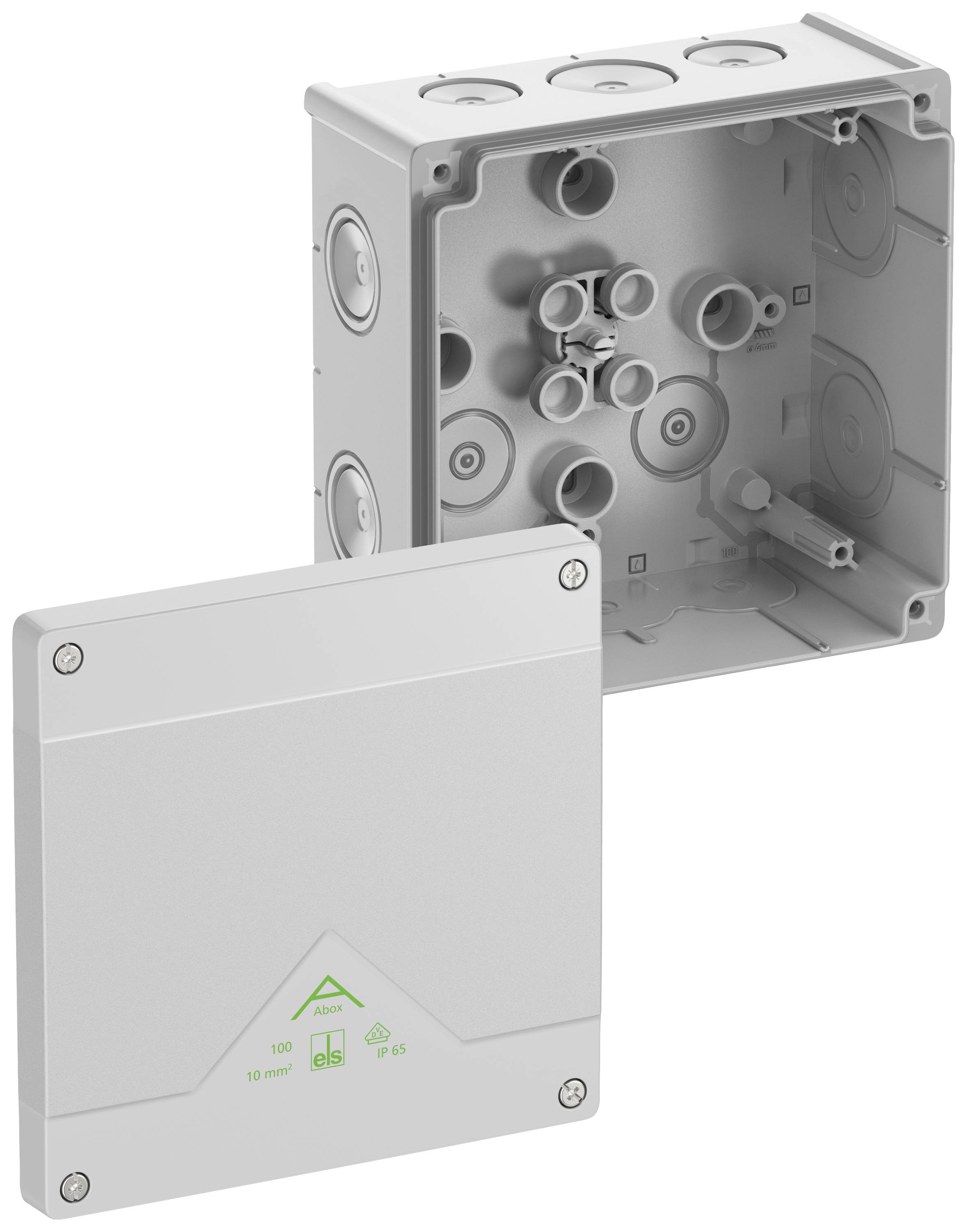 Grey plastic junction box with removable lid, showing various cable channels and mounting holes, ideal for electrical installations.