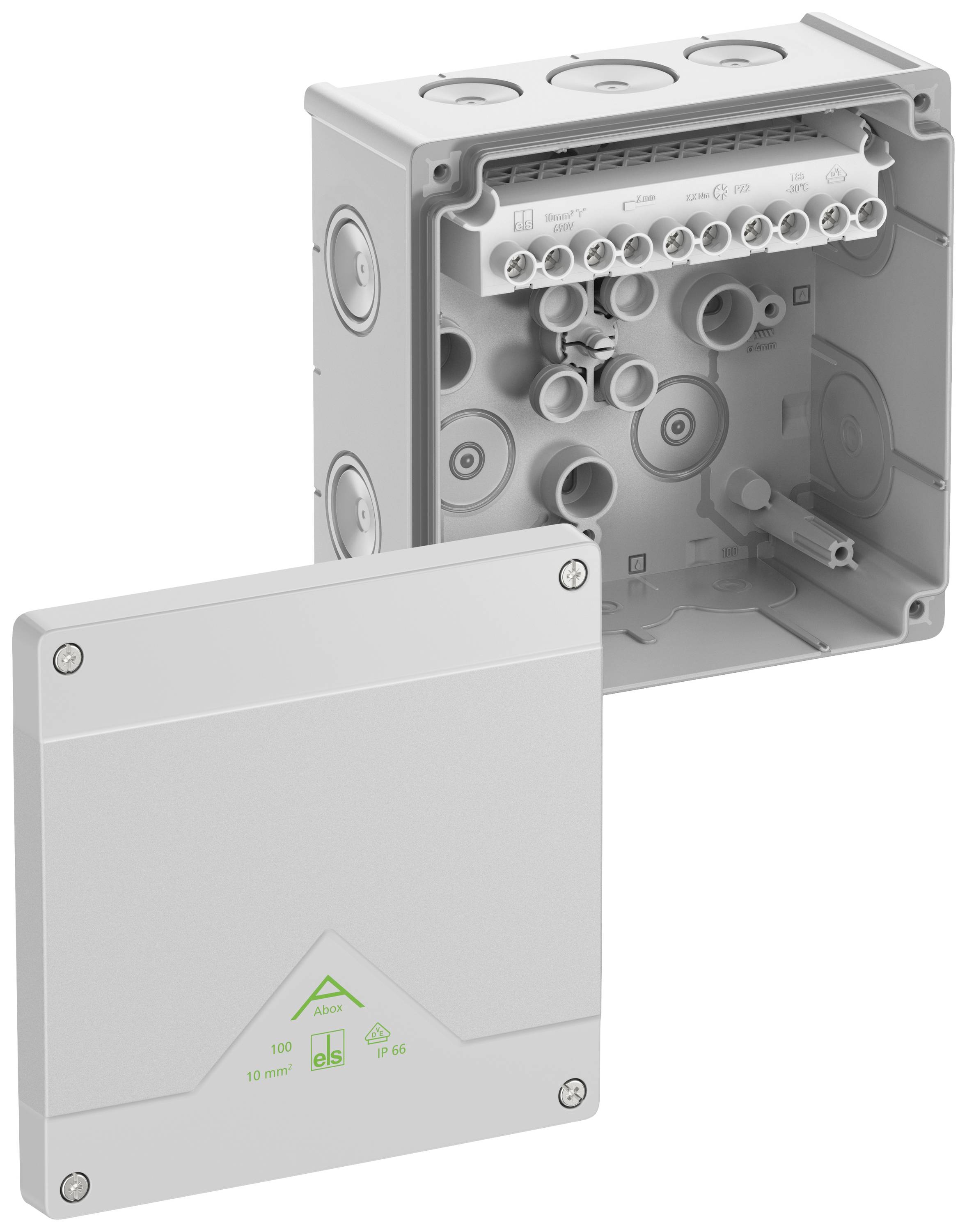 Grey plastic distribution box housing with open lid, internal connections and cable entries visible. Lid shows IP protection symbols.