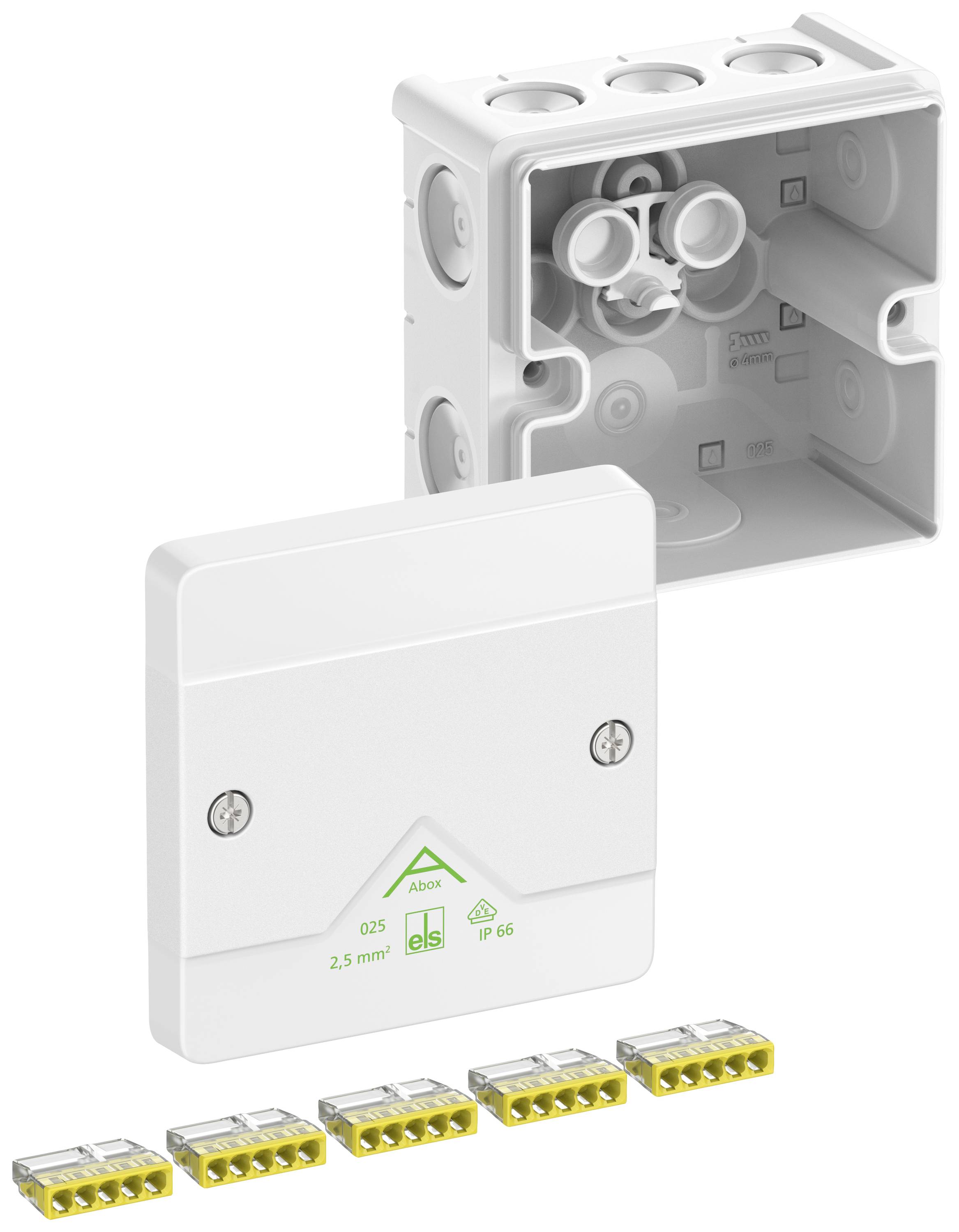 A white junction box with an open lid, four yellow terminals, and IP66 protection rating, suitable for cables up to 2.5 mm².