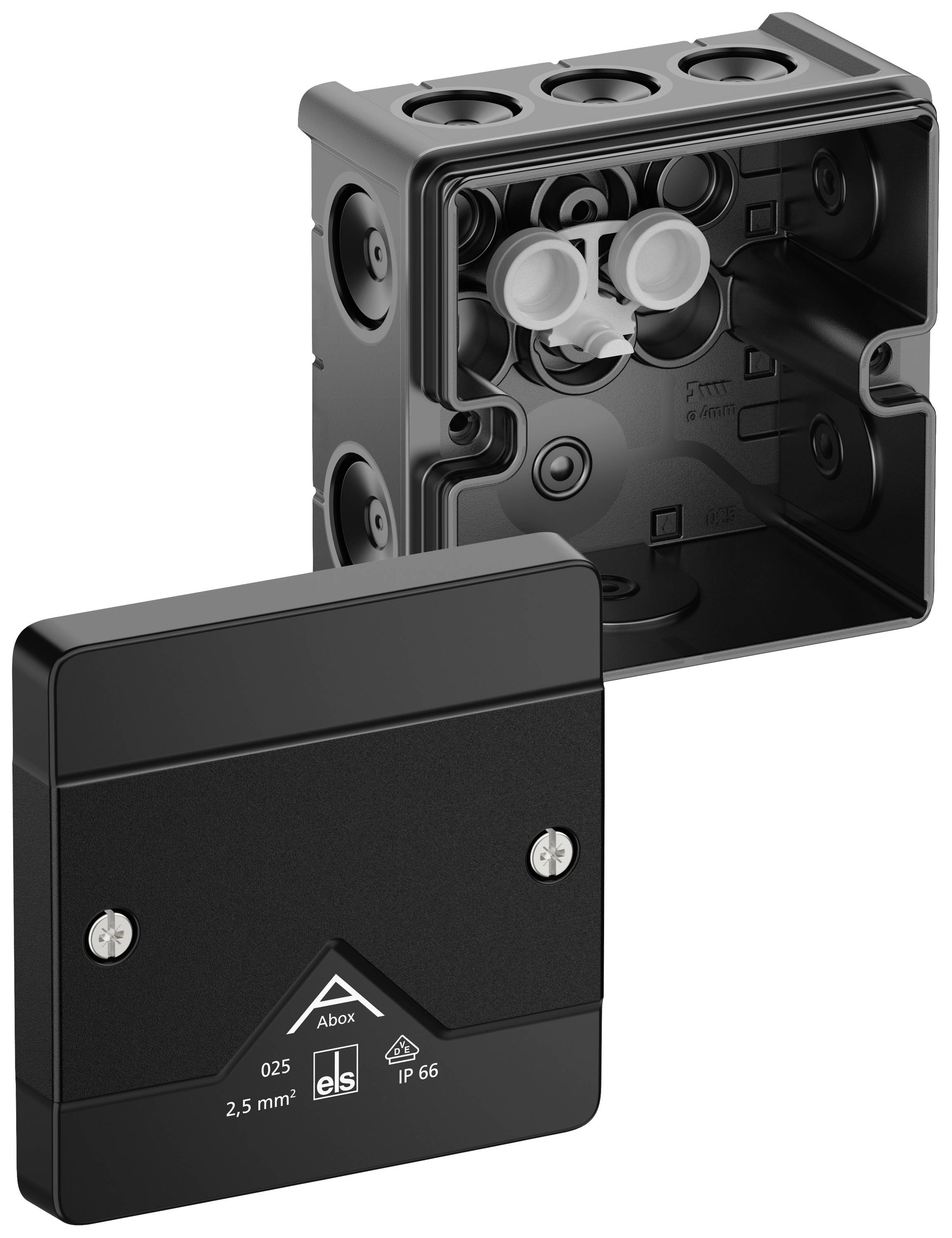 A black, square junction box with an open lid shows multiple cable entries. Suitable for electrical installations, IP 66 protection rating.