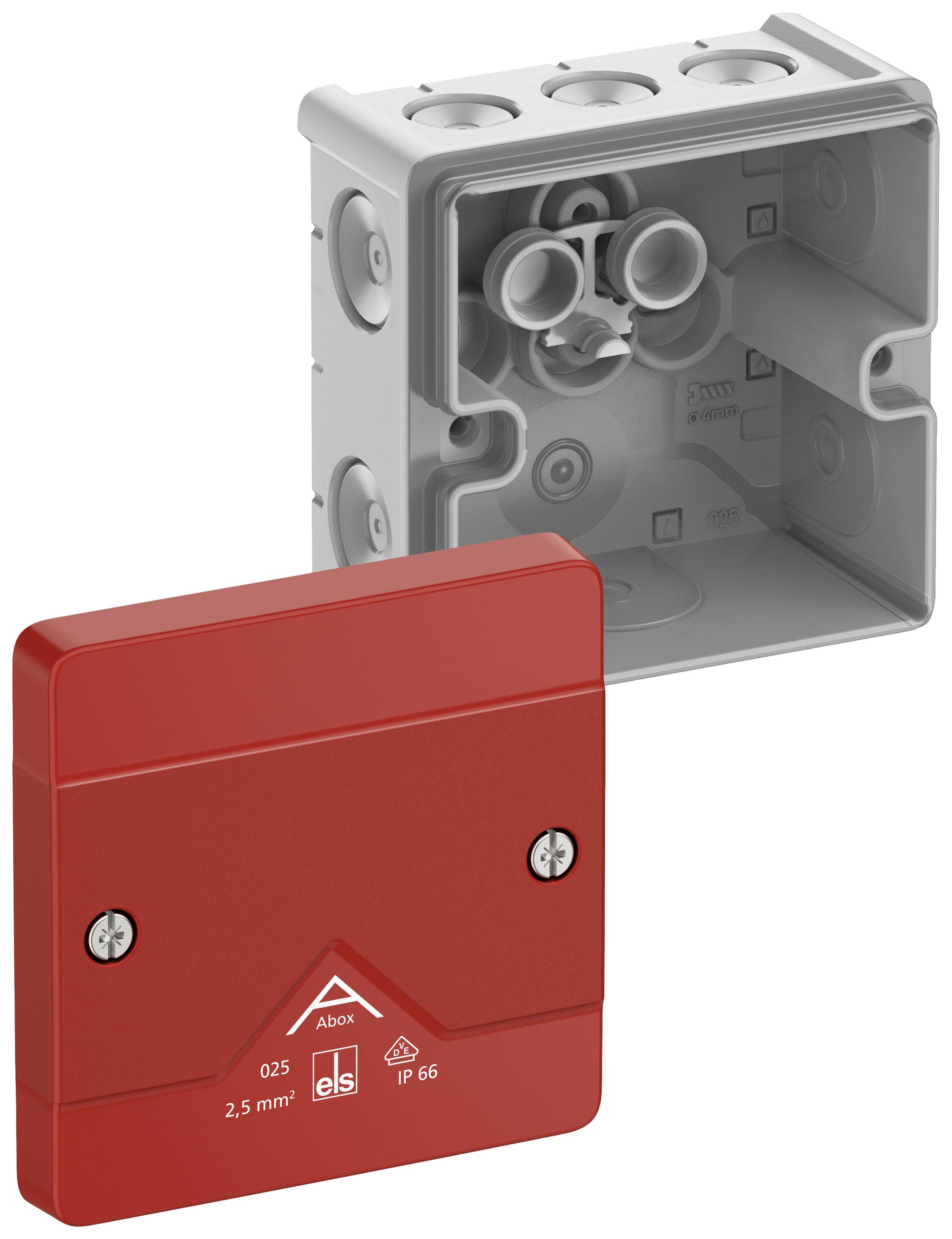Red cover with two screws and symmetrical design. Grey, square housing with four openings. Suitable for IP66 protection.