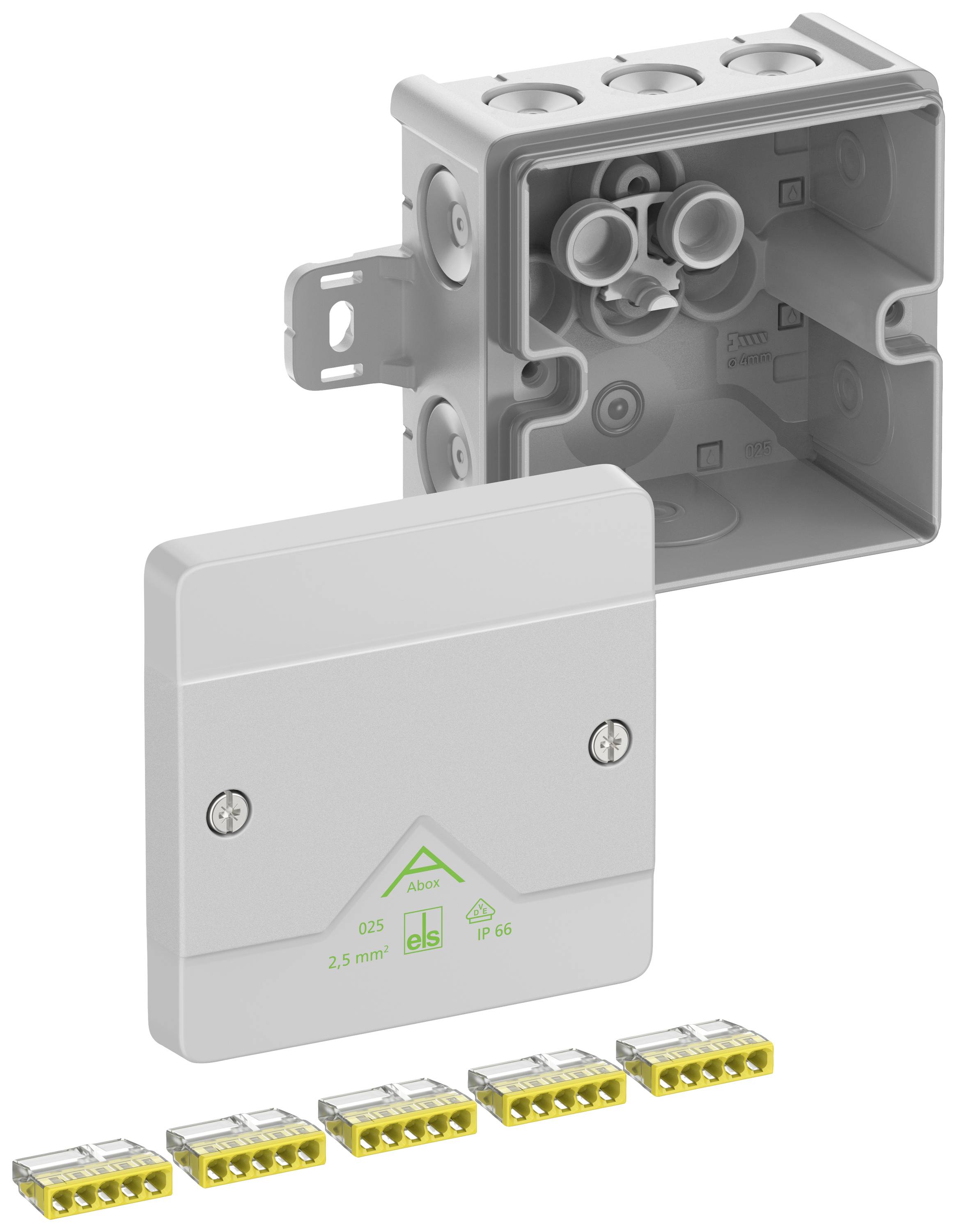 Electrical junction box with a removable lid and multiple cable entry points, shown with five cable connectors in a neutral grey.