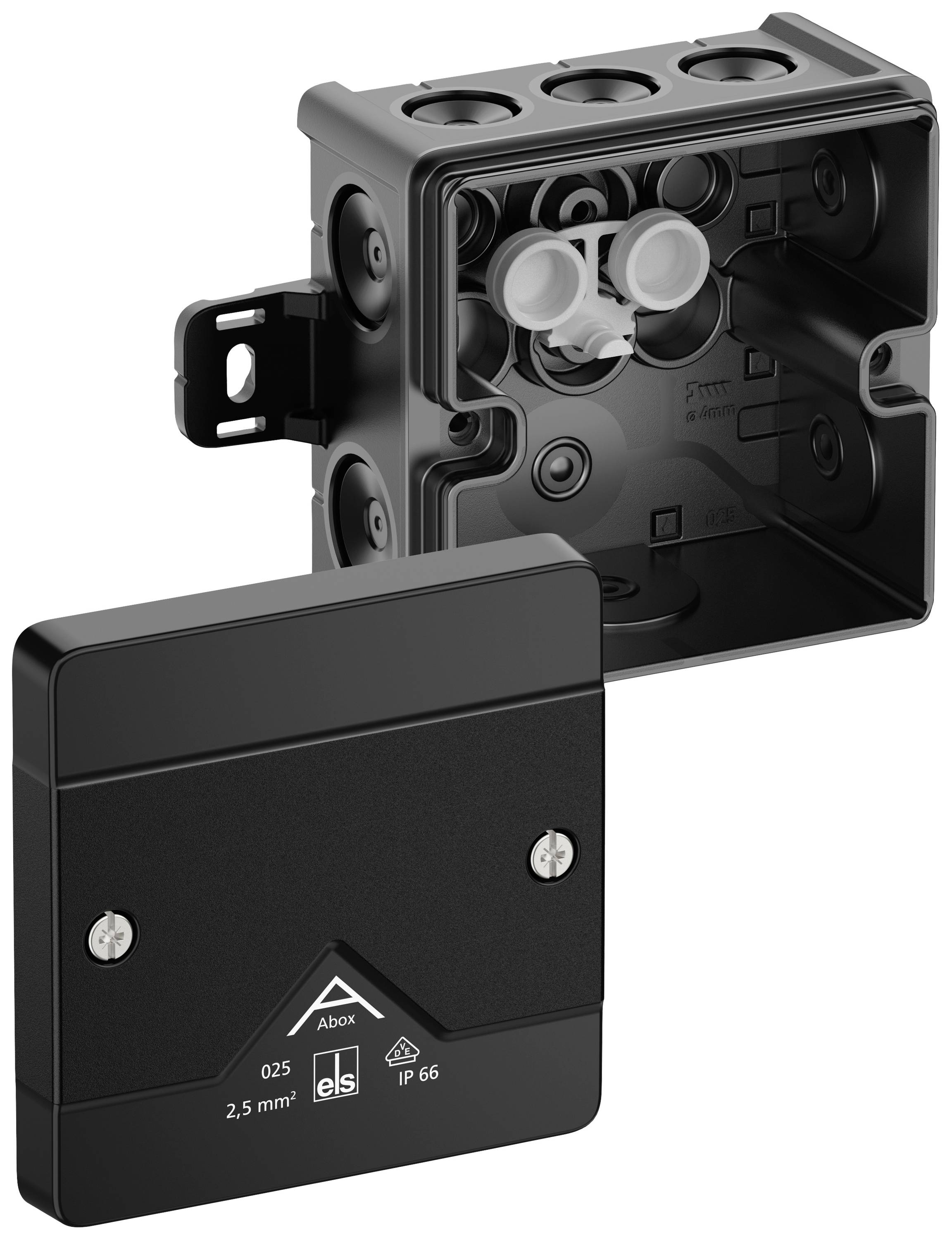 Electrical junction box with a removable lid, showing cable entry points and mounting bracket. Suitable for indoor and outdoor applications (IP66).