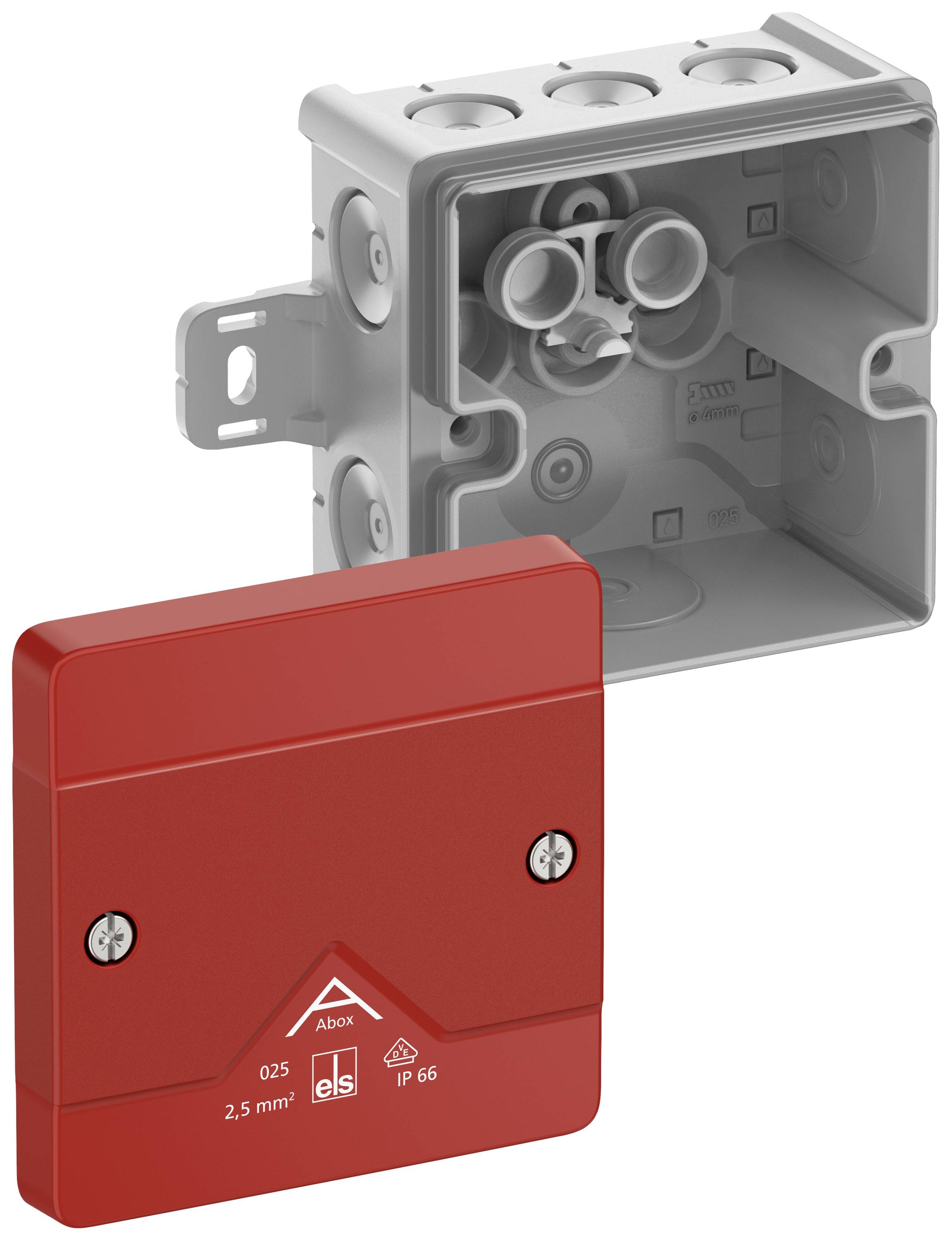 Red cover plate for a grey electronics junction box, suitable for IP66-protected installations.