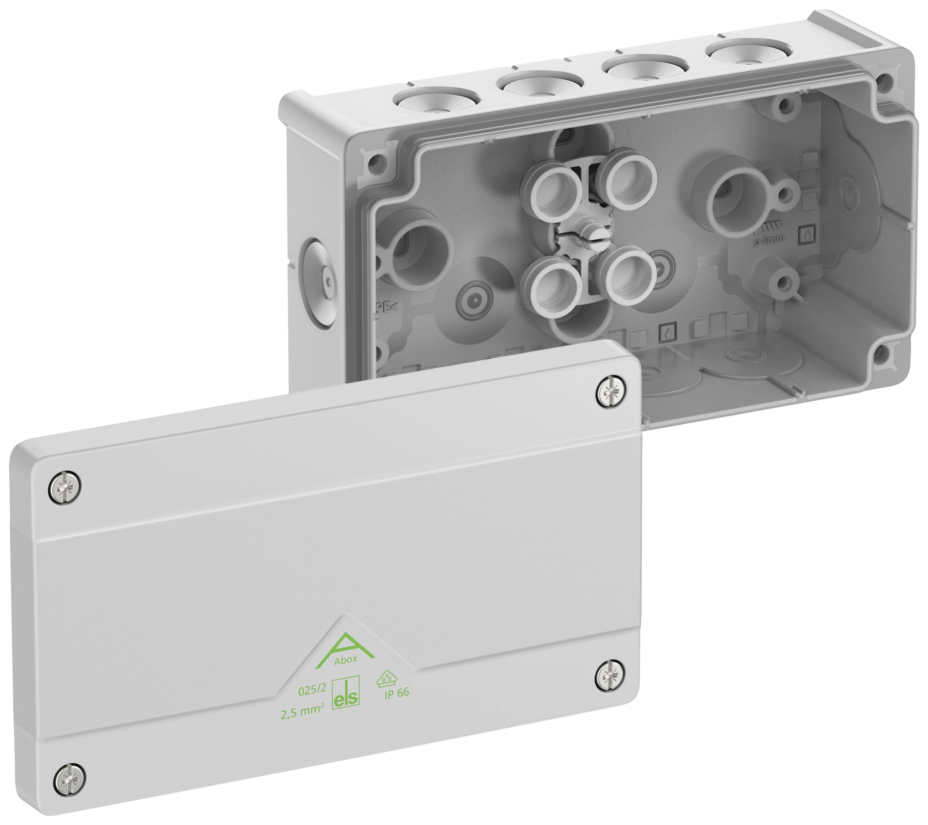 Pictured is an open grey junction box with multiple cable entries positioned to the side. A cover is placed in front of it.