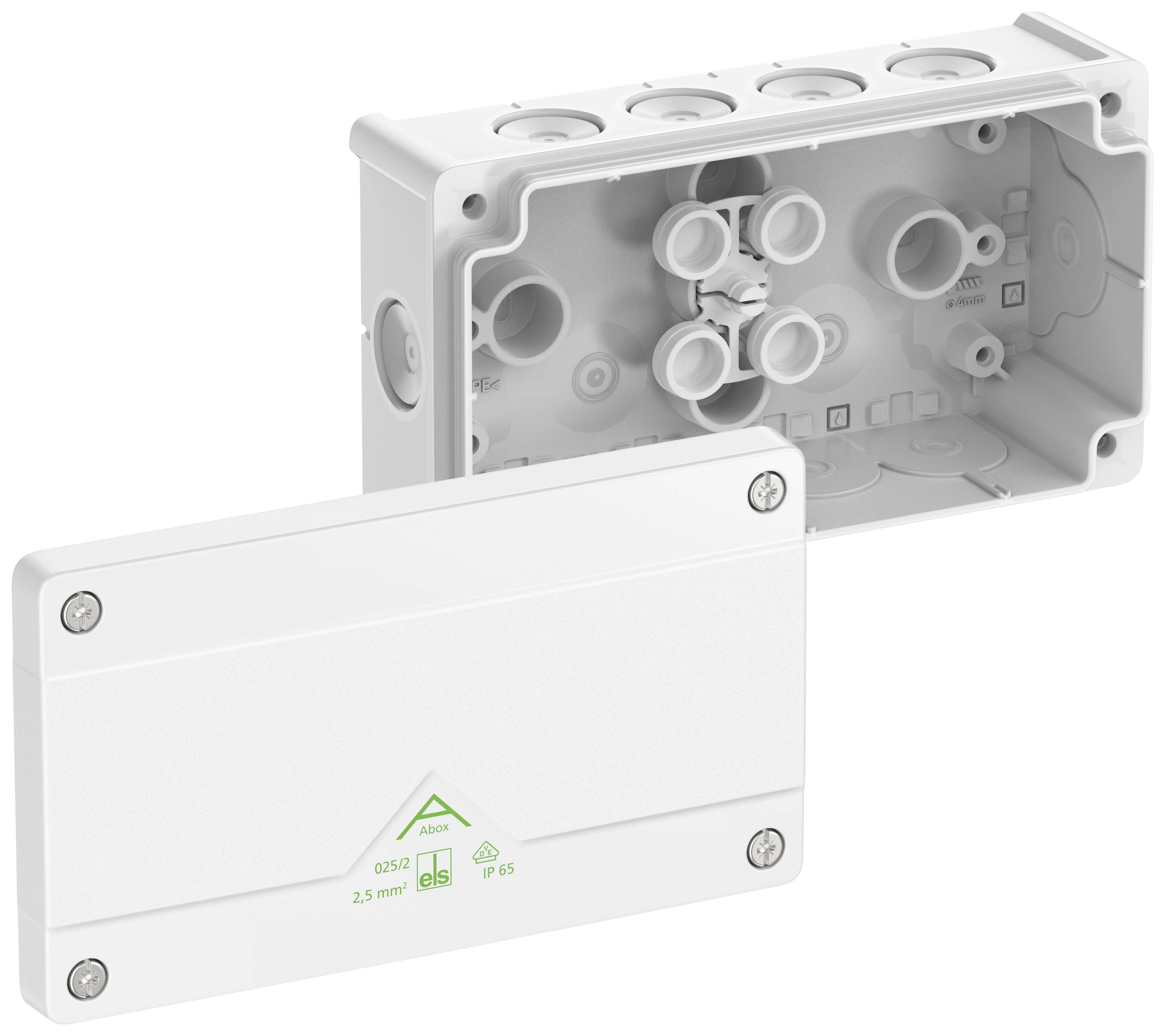Empty, white junction box with its lid removed. Shows interior with multiple cable entry points.