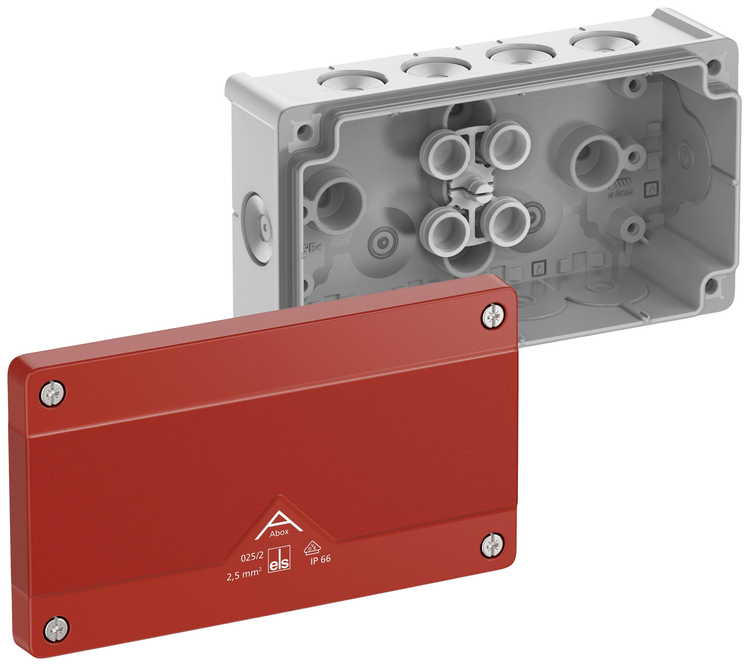A blank, grey electrical junction box with a red cover cap, suitable for cable entries. Perfect for installations in indoor and outdoor areas.