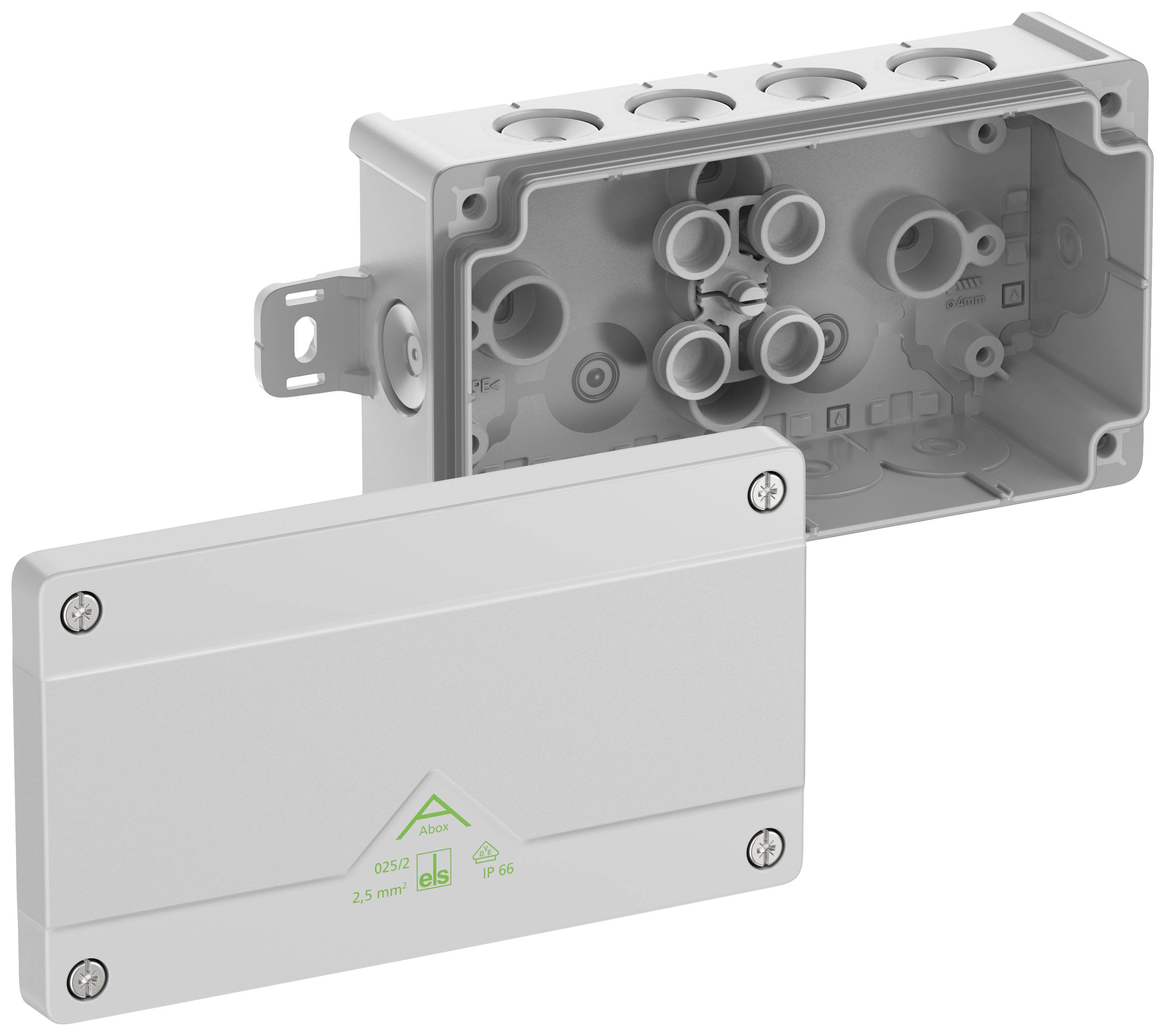 Distribution board with removed cover, showing multiple openings for cable connections. Technical details are printed on the cover.