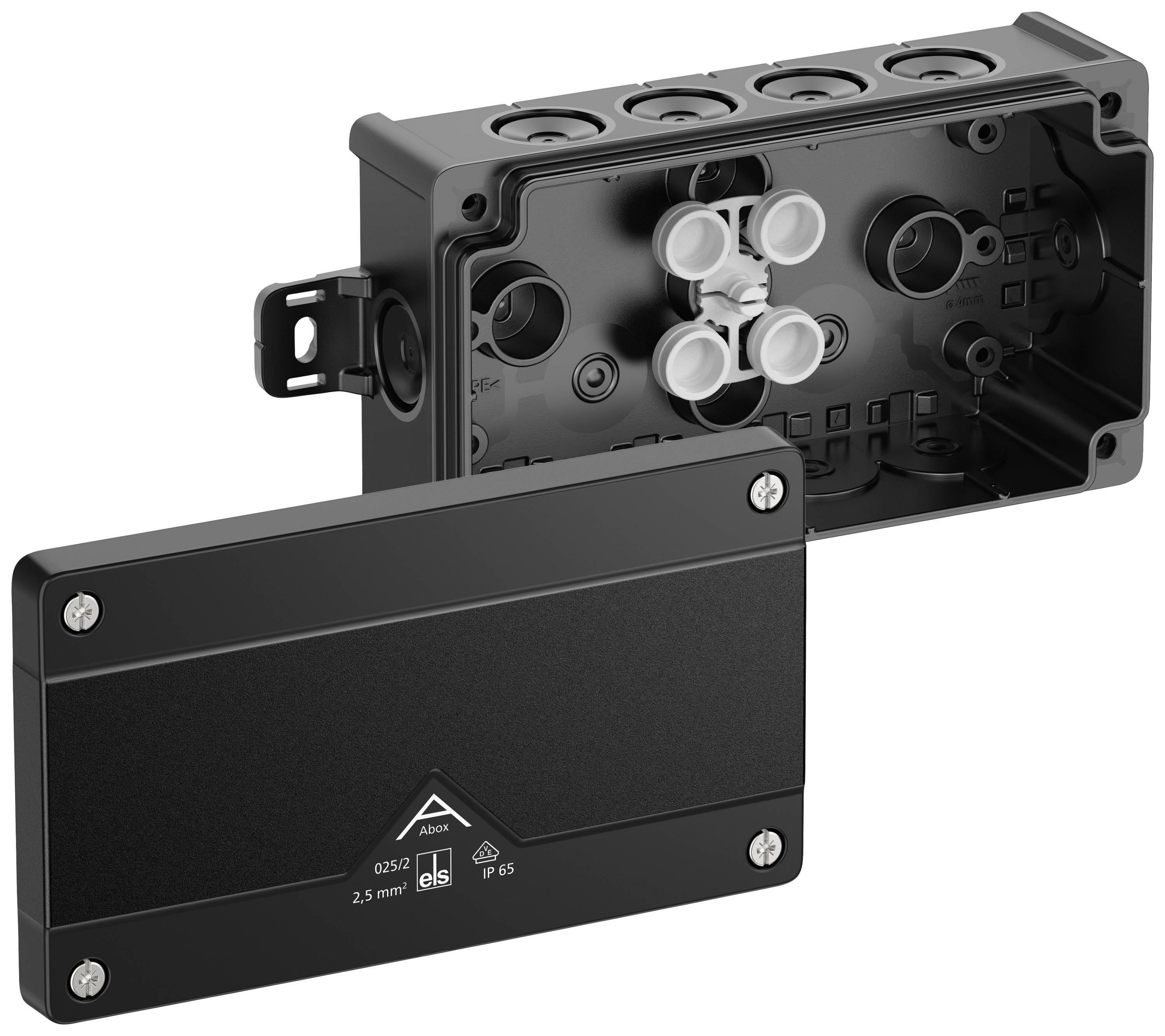 Electrical junction box with the lid removed, showing internal connections and cable entries. Black housing, rectangular shape.
