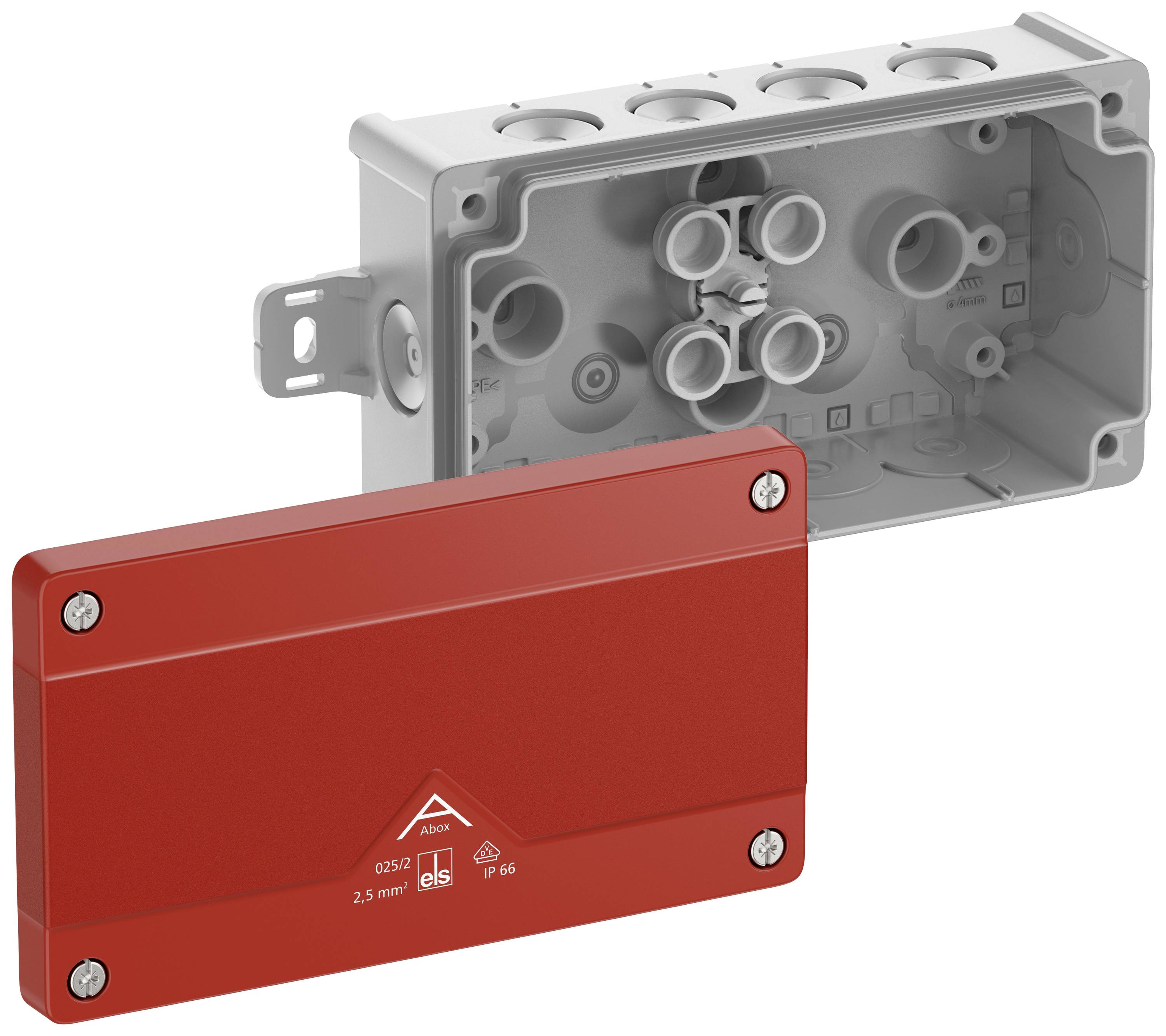A rectangular, grey and red plastic enclosure with multiple connection options, suitable for electrical installations.