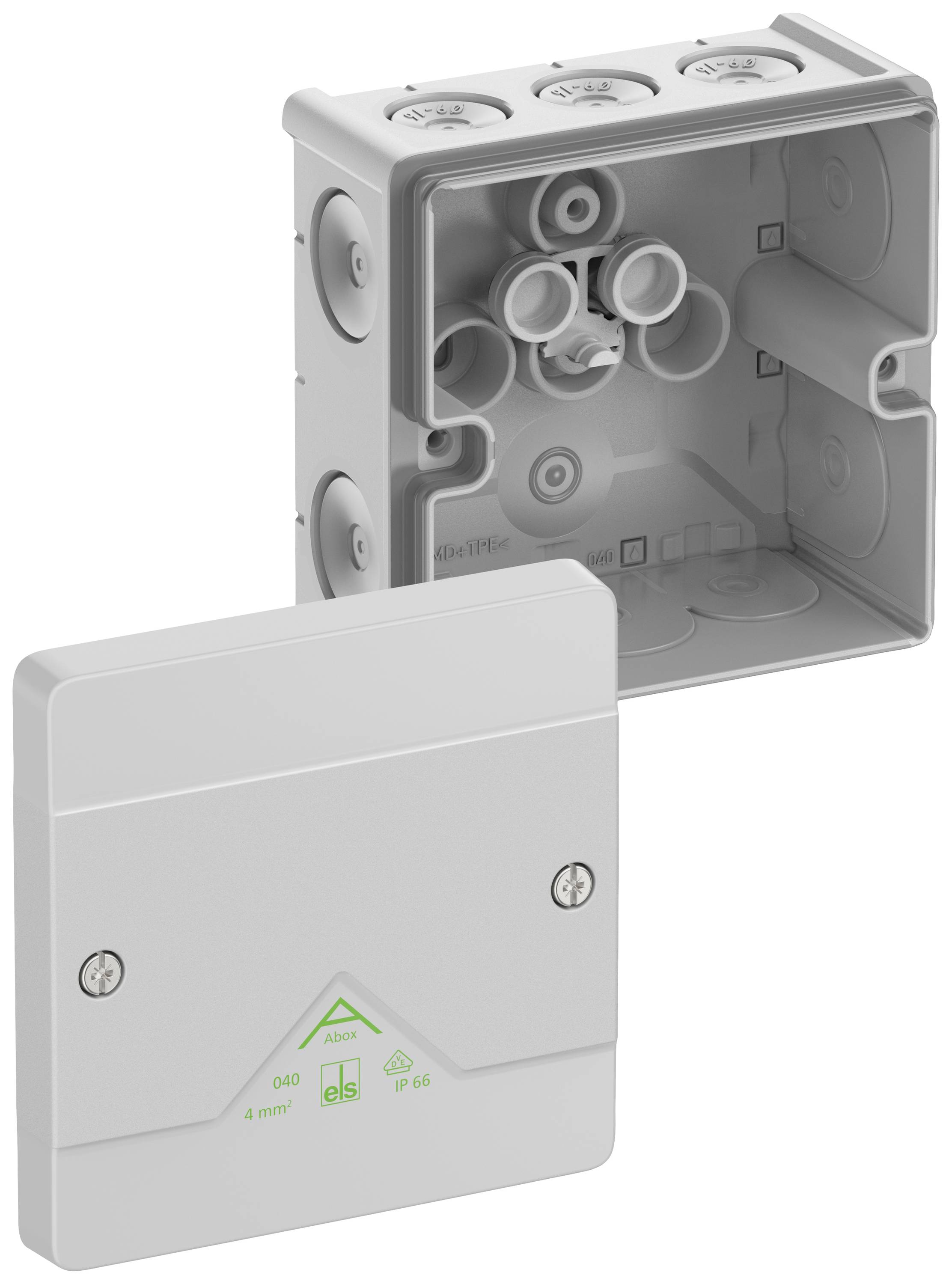 A grey surface-mounted junction box with its lid removed, showing an interior view with multiple cable entries. Designed for electrical installations.