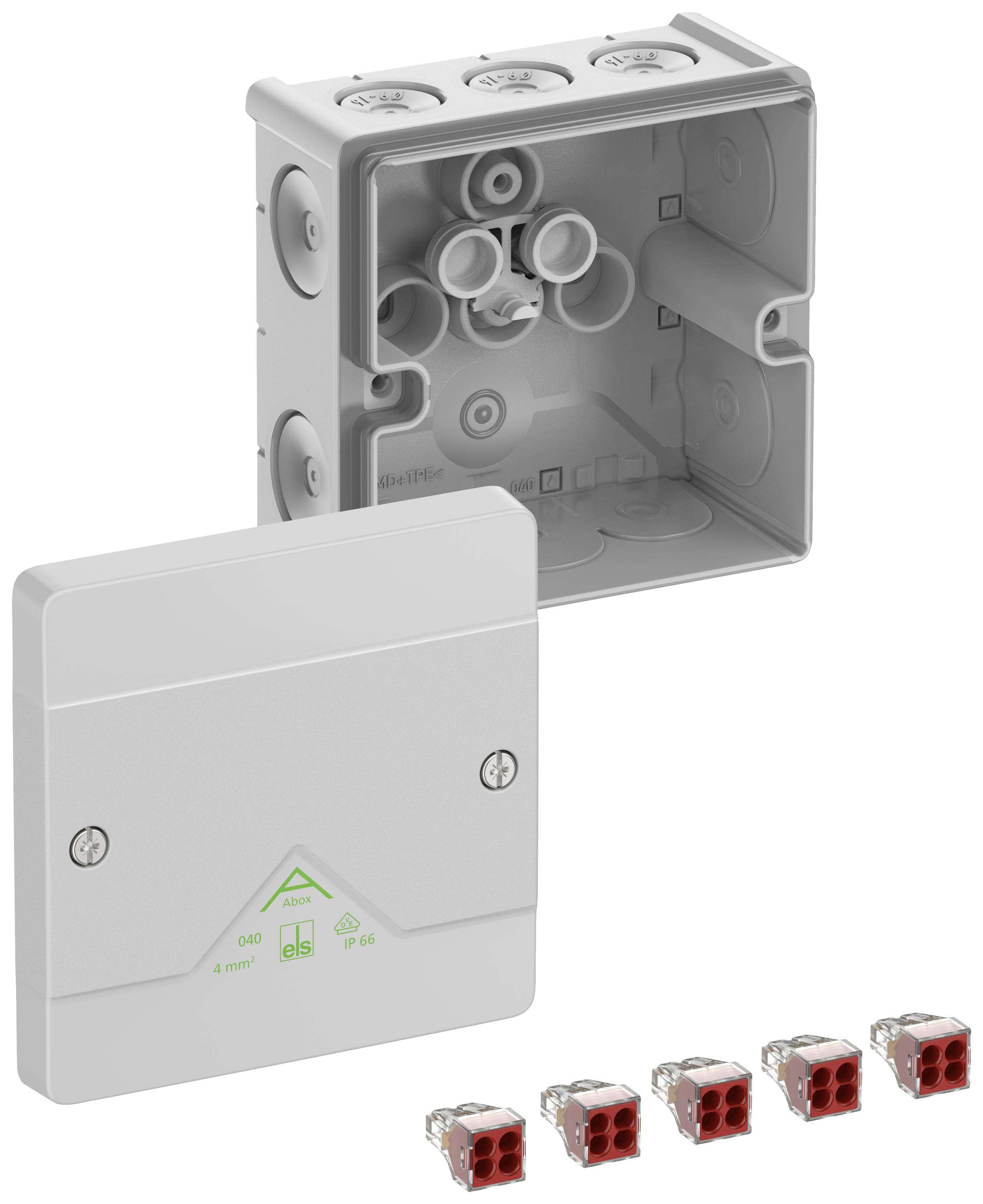 A grey junction box with a removable lid, shown with red electrical connectors. Suitable for electrical installations.