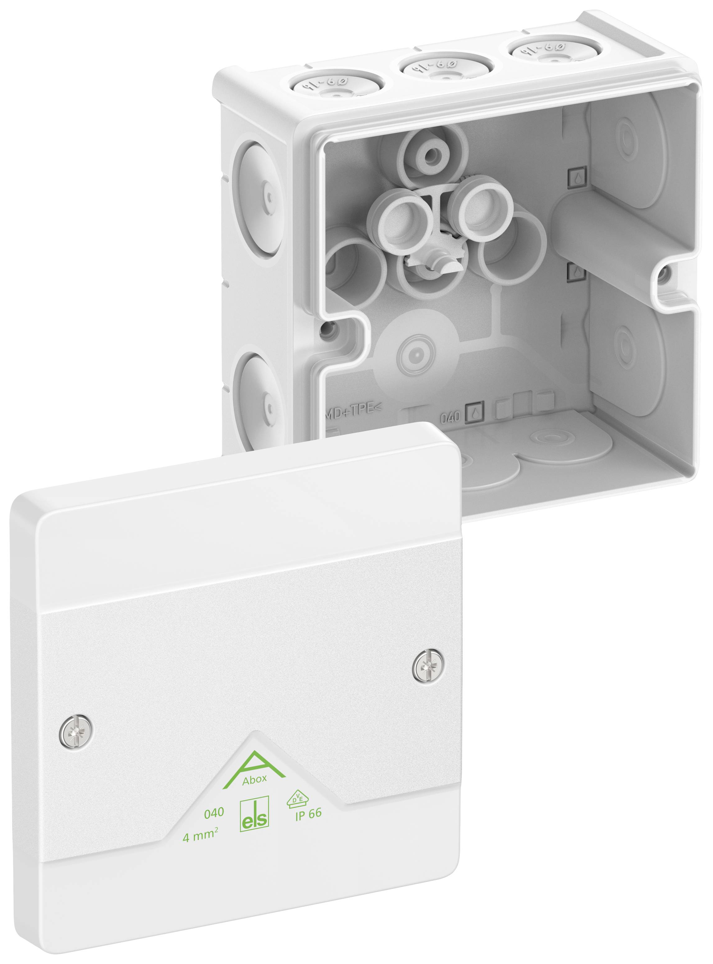 White electrical junction box with removable lid, suitable for indoor and outdoor use, with multiple cable entries and IP66 protection rating.