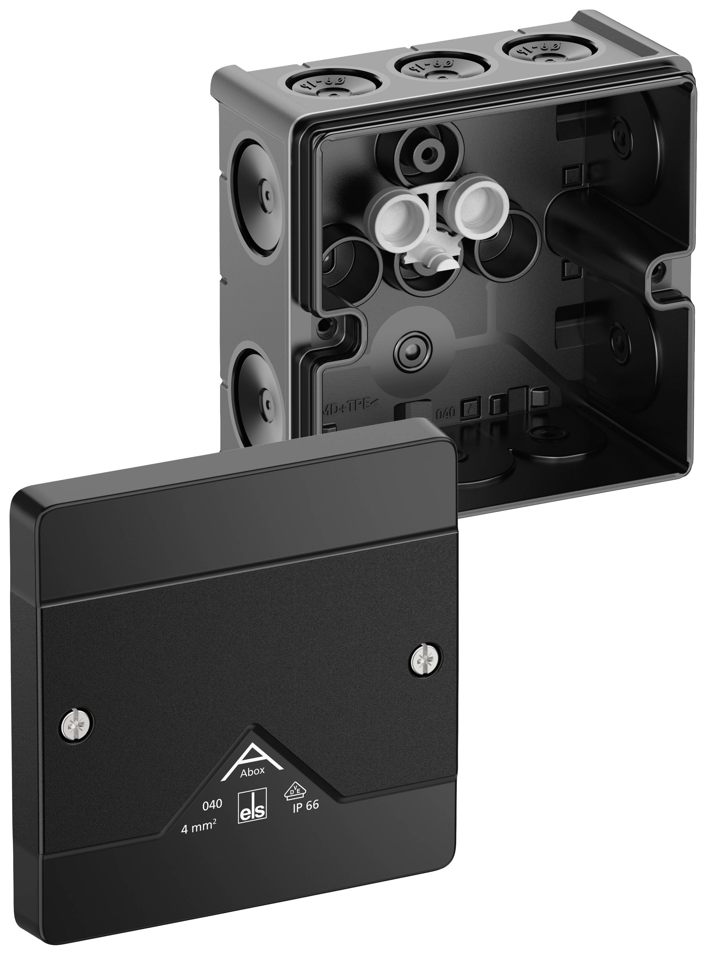 Black junction box with removed lid, interior showing cable openings and mounting structure, suitable for 4 mm² cables, IP66.
