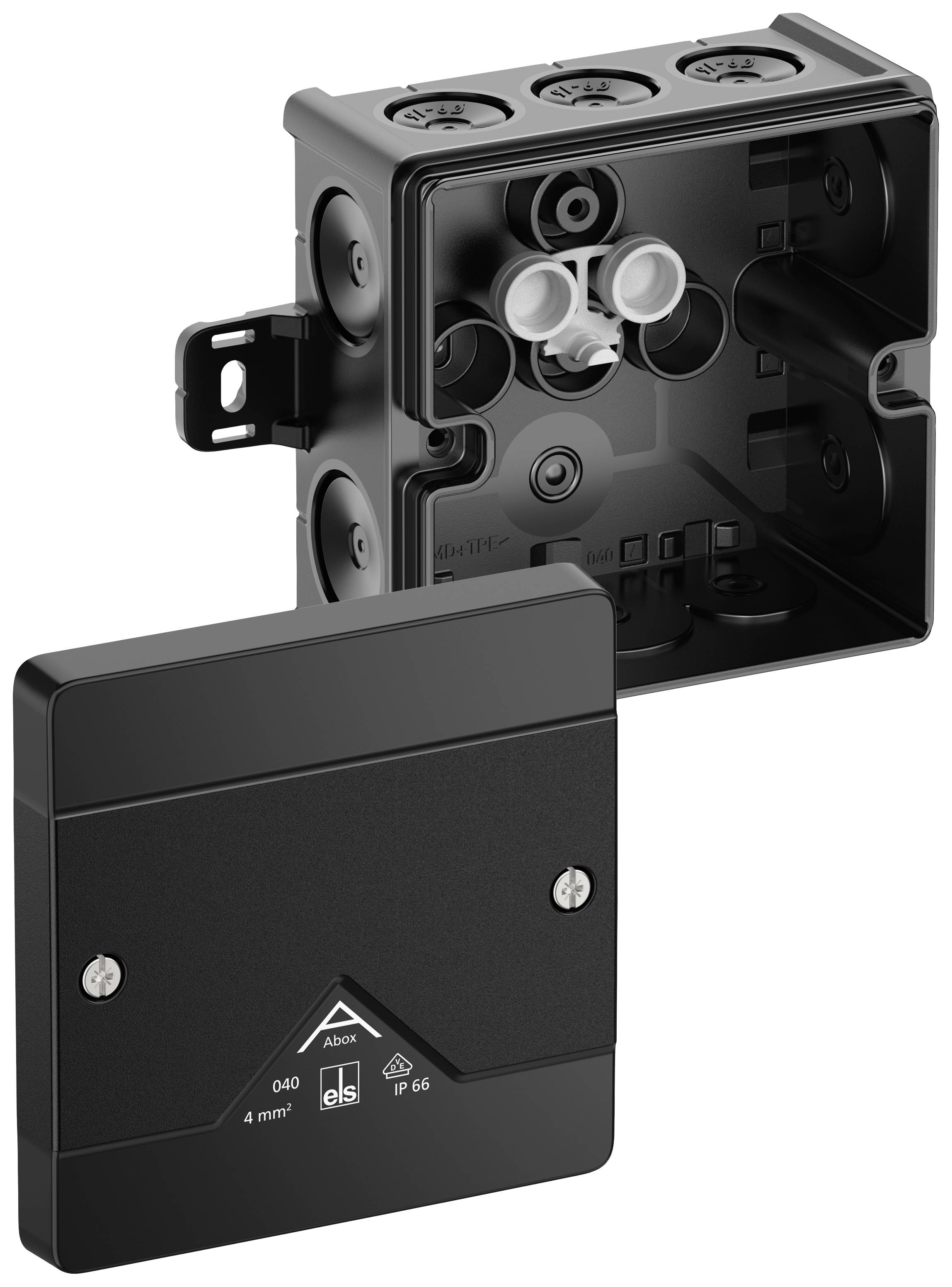 Black electrical socket with removed cover, showing internal cable passages and mounting holes.