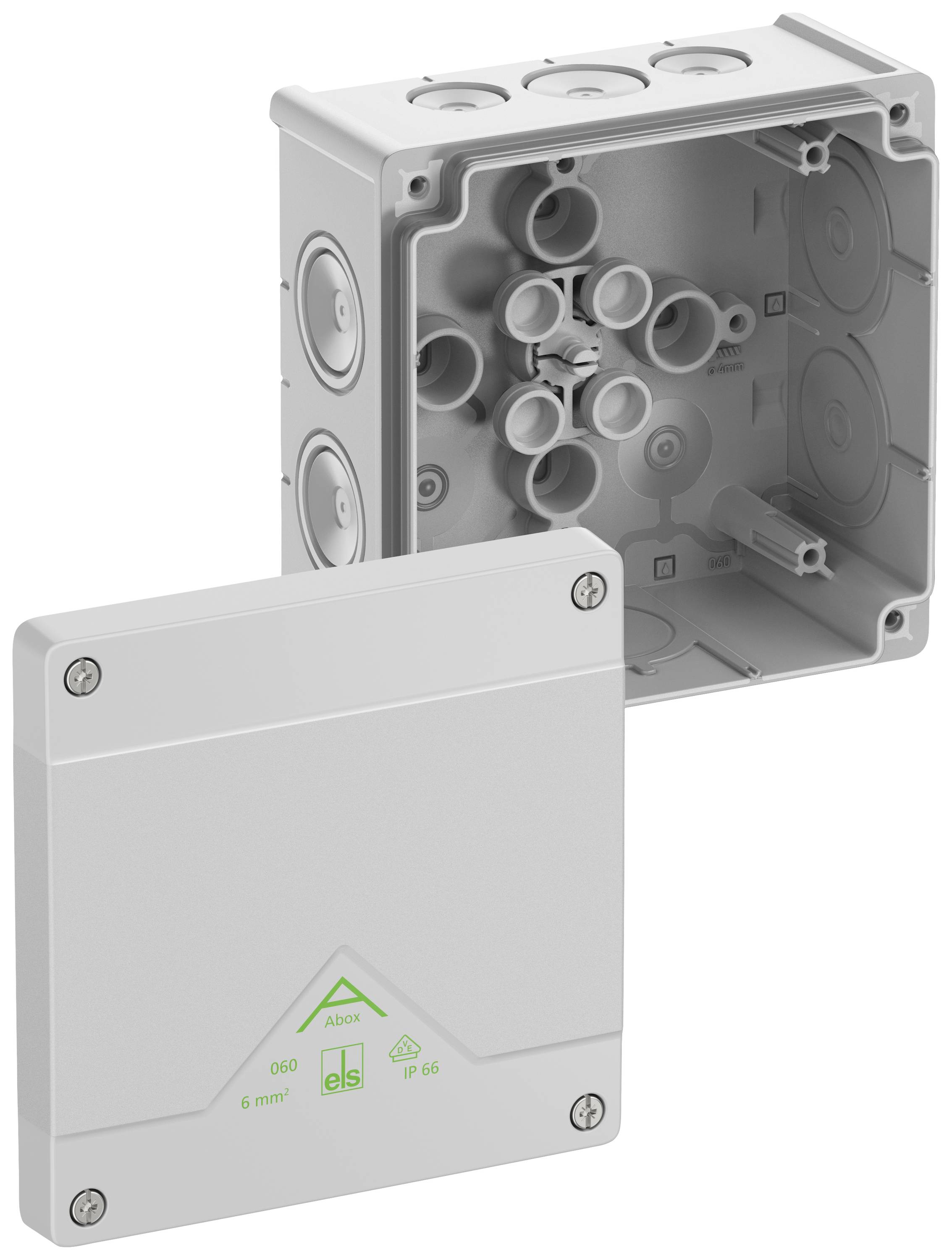 Grey-white, square junction box with multiple entry points. Lid secured with screws, marked with 'IP 65', '060' and '6 mm²'.