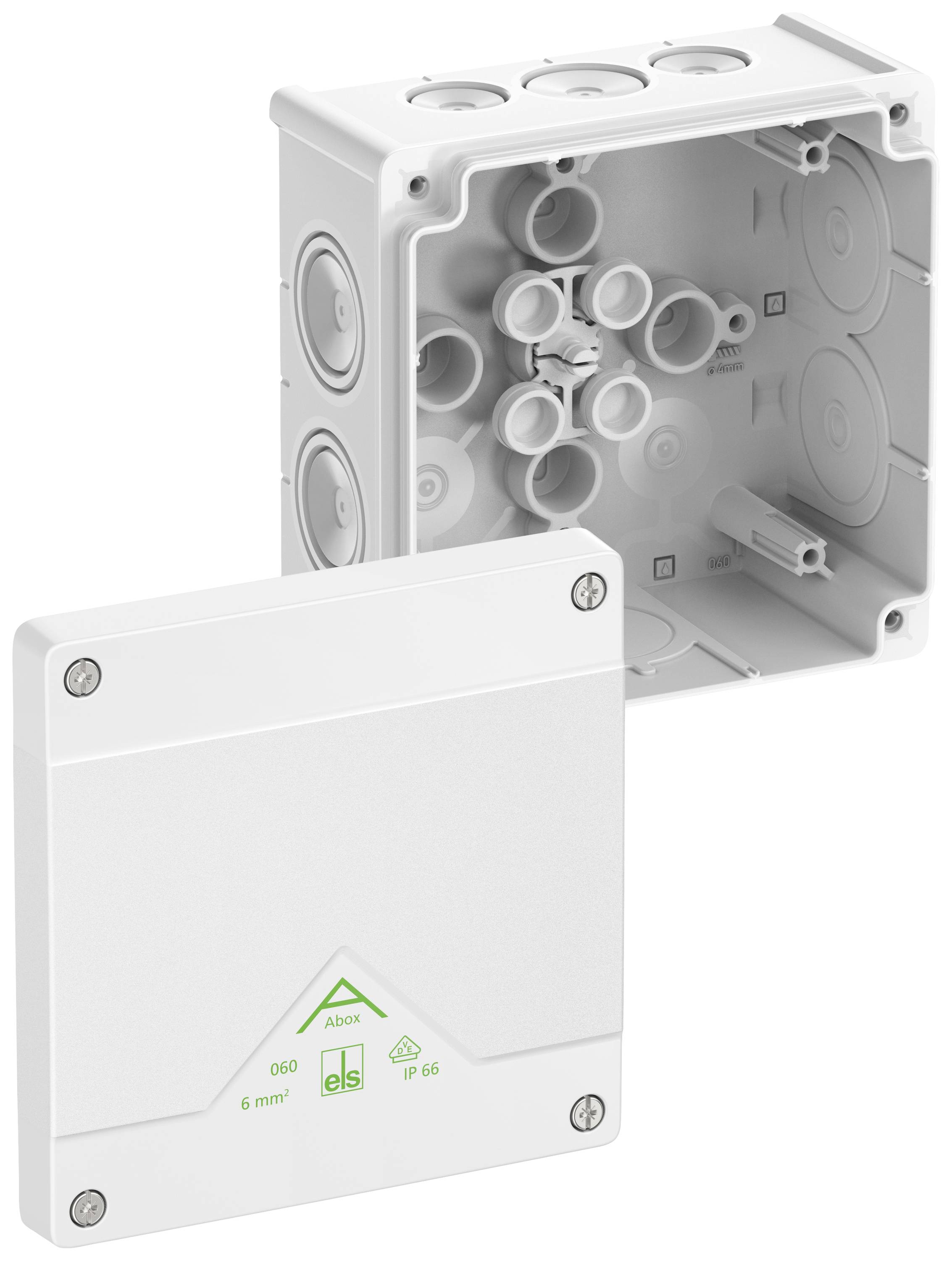 A grey plastic distribution enclosure with a removable lid, suitable for electrical cable installations, IP66 protection rating.