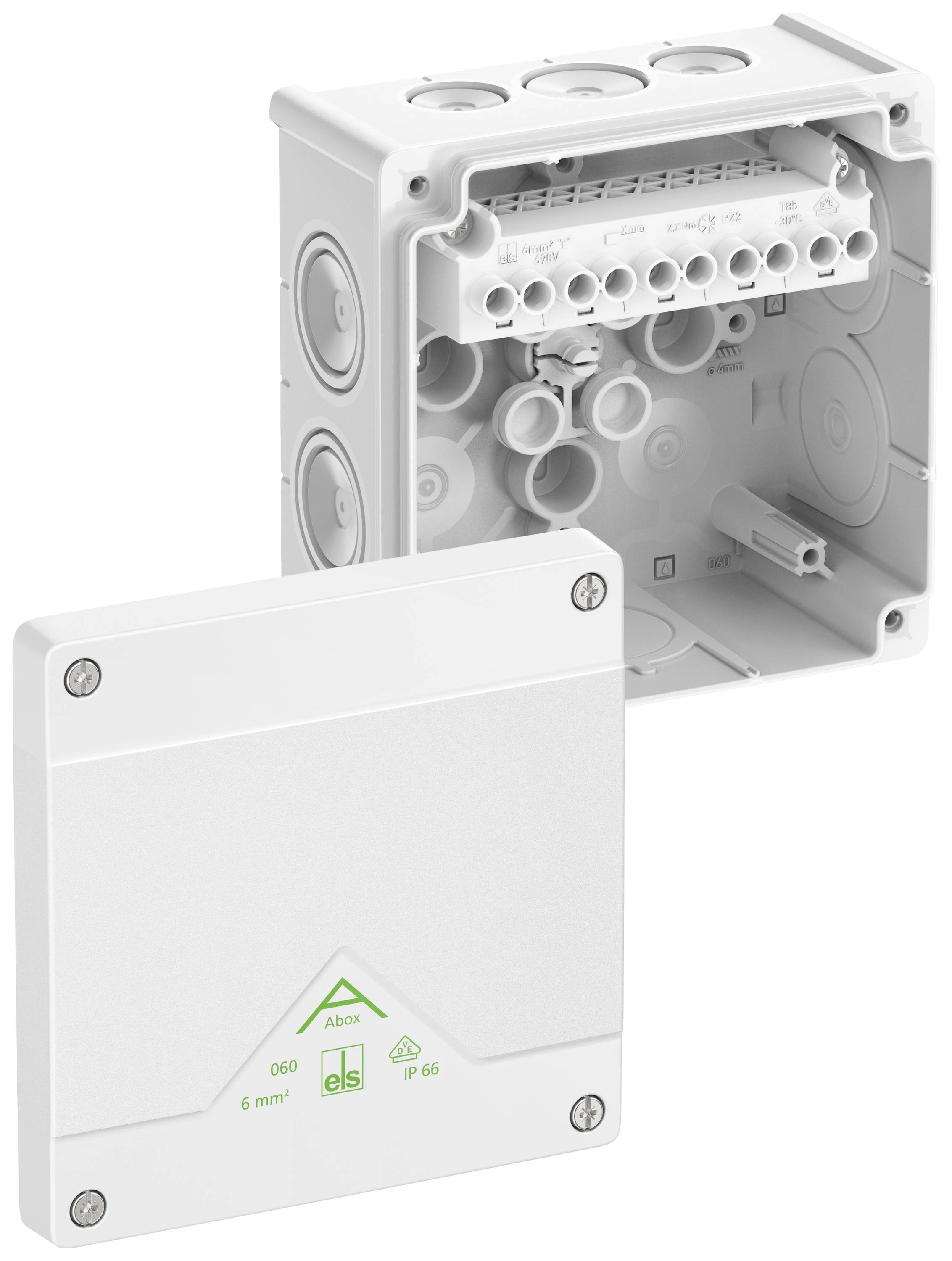 Electrical junction box with an open lid, showing internal wiring options and multiple cable entry points.