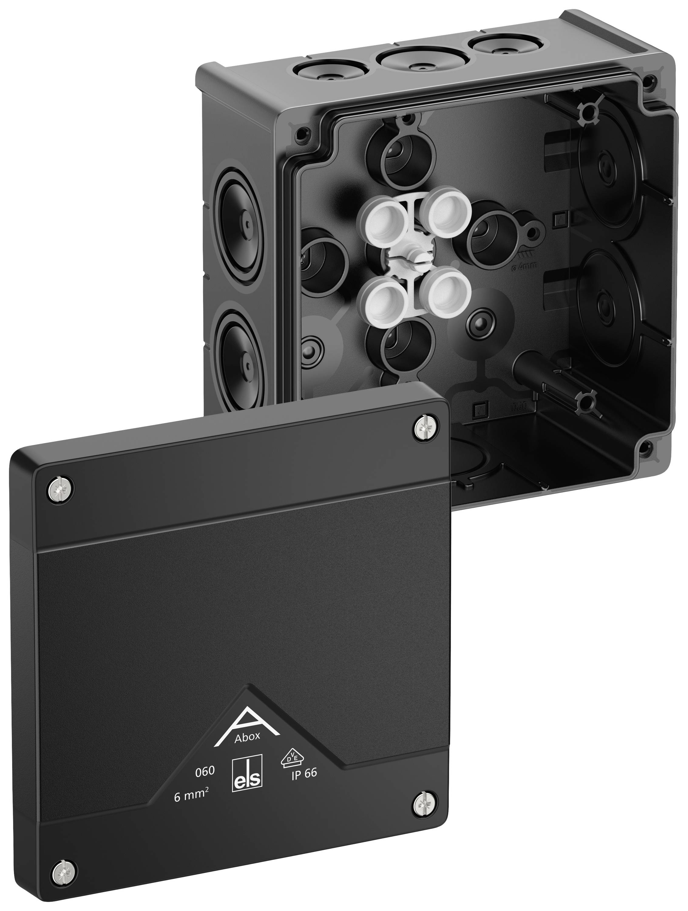 Black junction box with a removable lid, cable entries and mounting spaces for electrical components are visible.