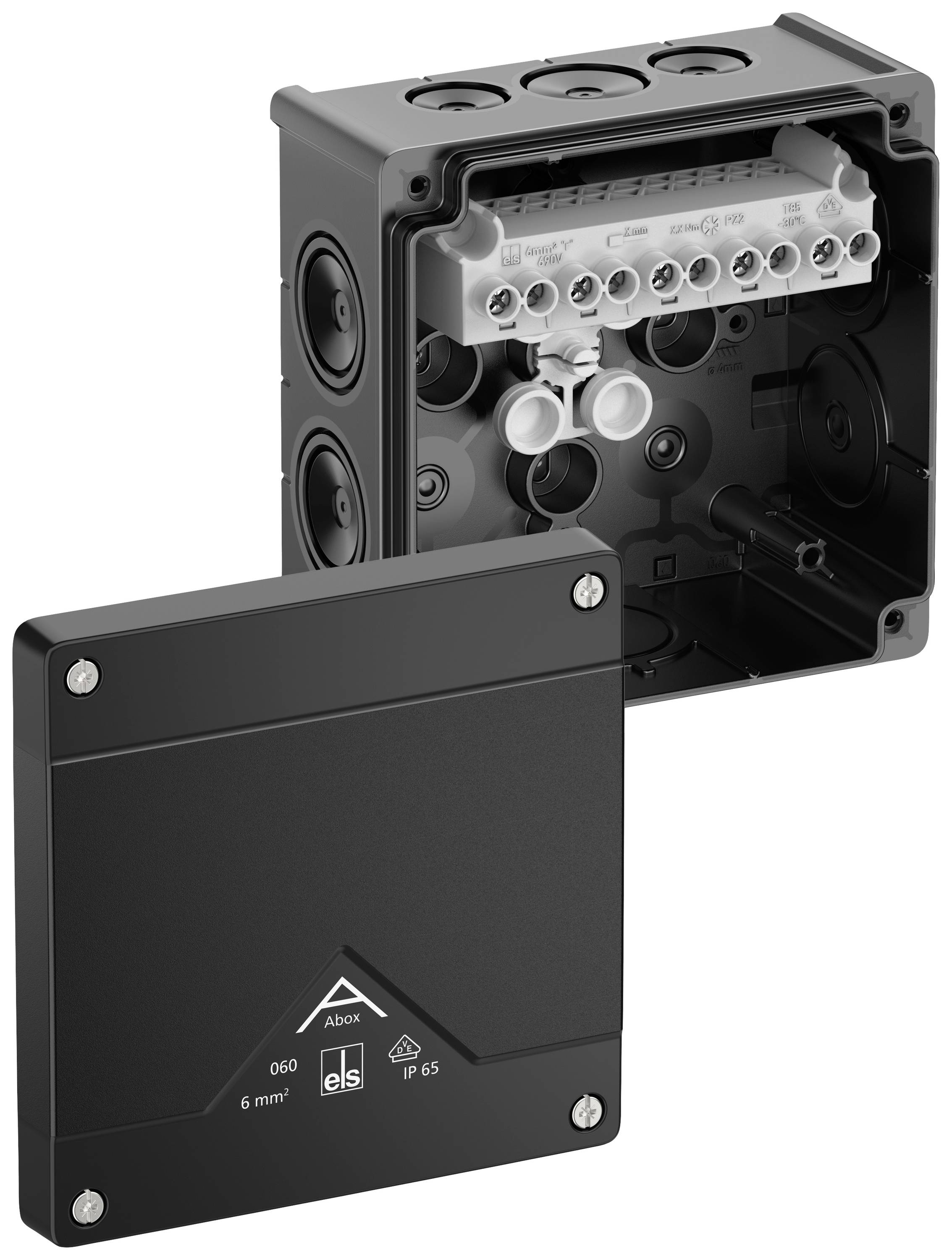 An open plastic junction box showing internal electrical terminals and cable entry points. The cover with 'IP65' marking has been removed.