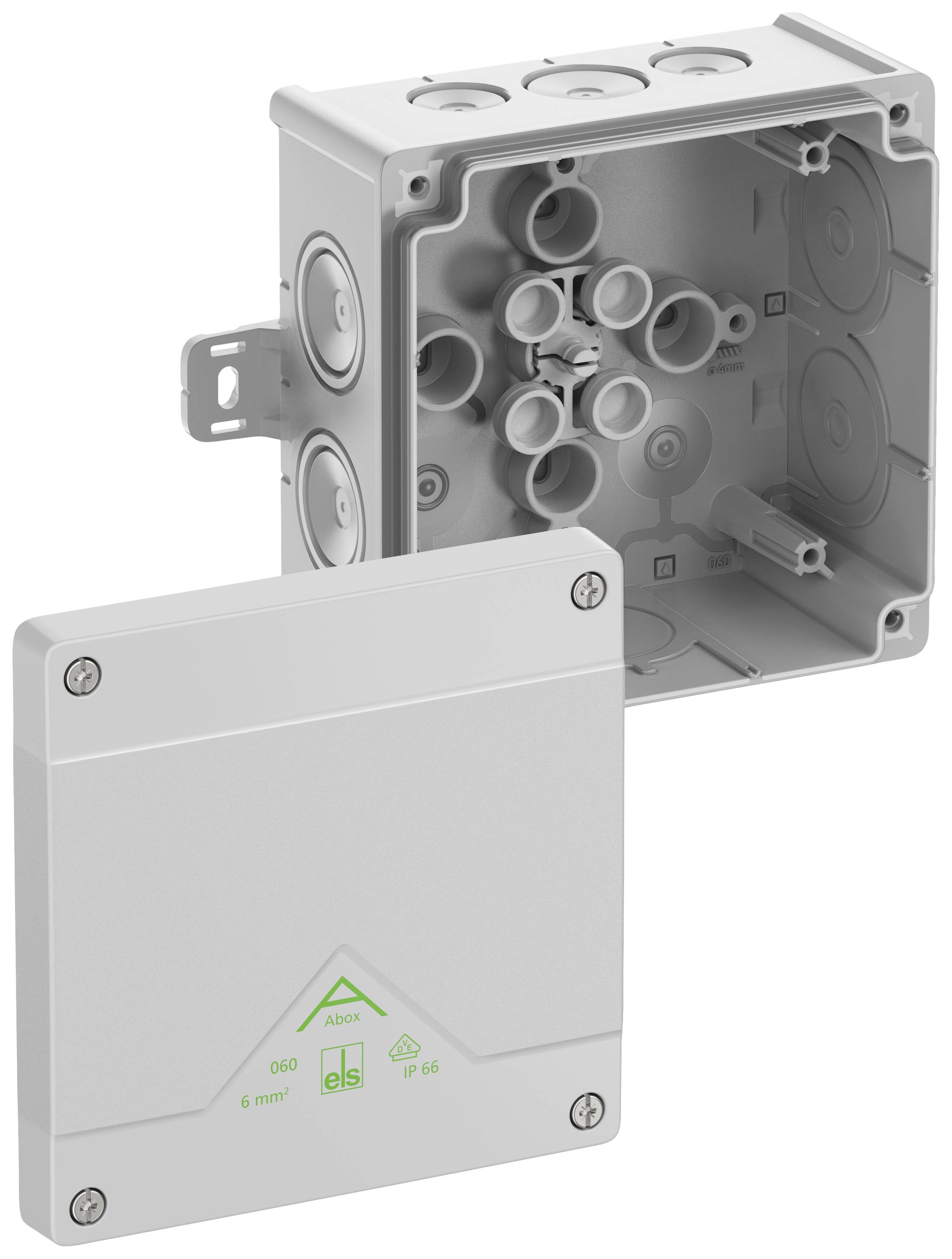Grey plastic junction box with removable cover. Multiple cable entries. IP66 protection rating.