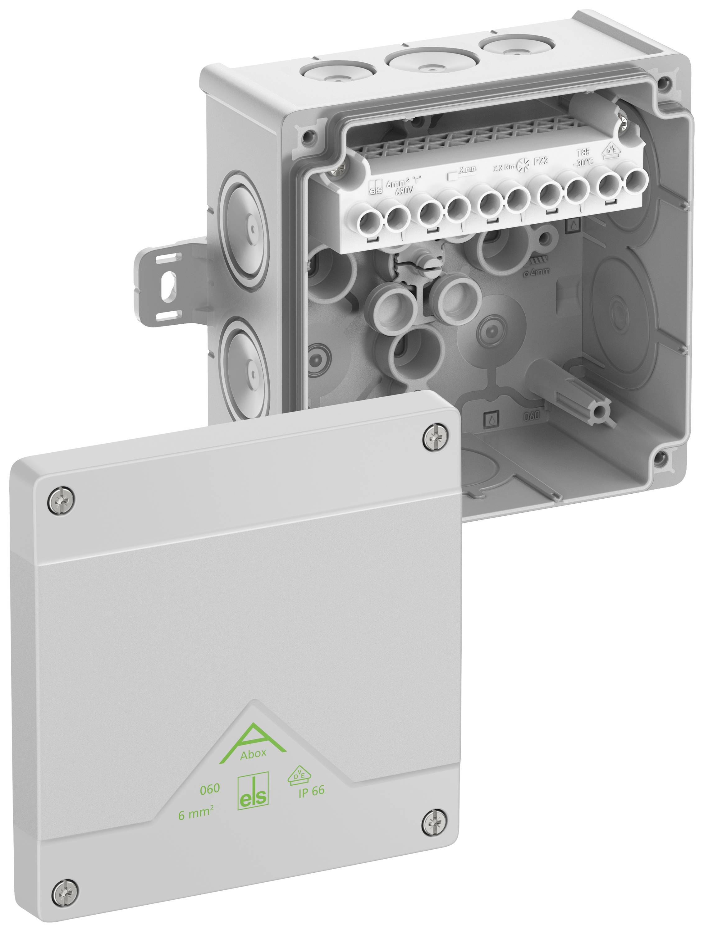 Electrical distribution box made of plastic, opened, showing internal connections and cable entries, with a screw-on lid beside it.