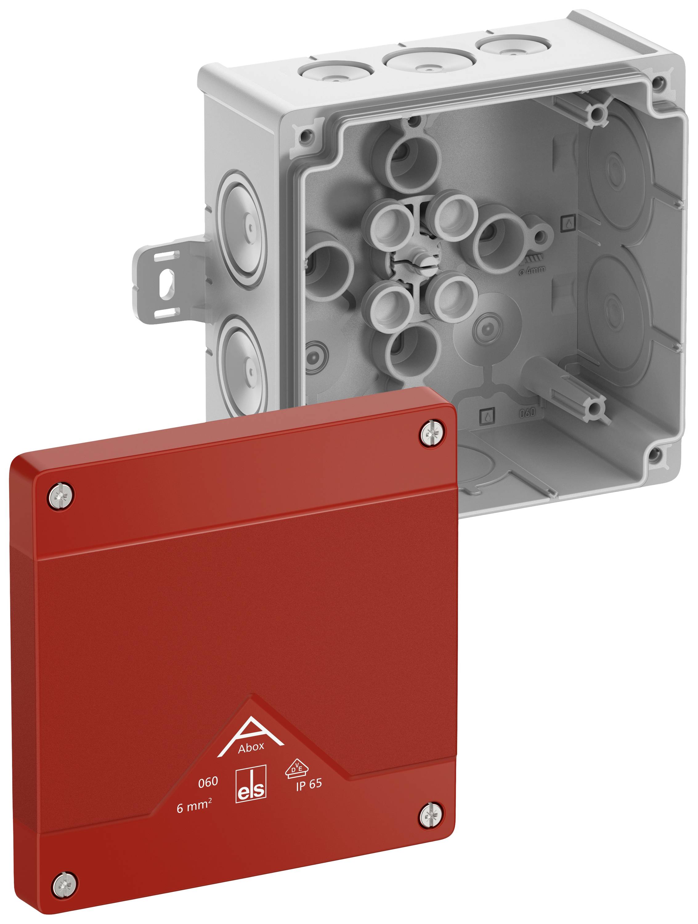 Grey junction box with red lid, six screw holes and cable entries. Suitable for electrical installations.
