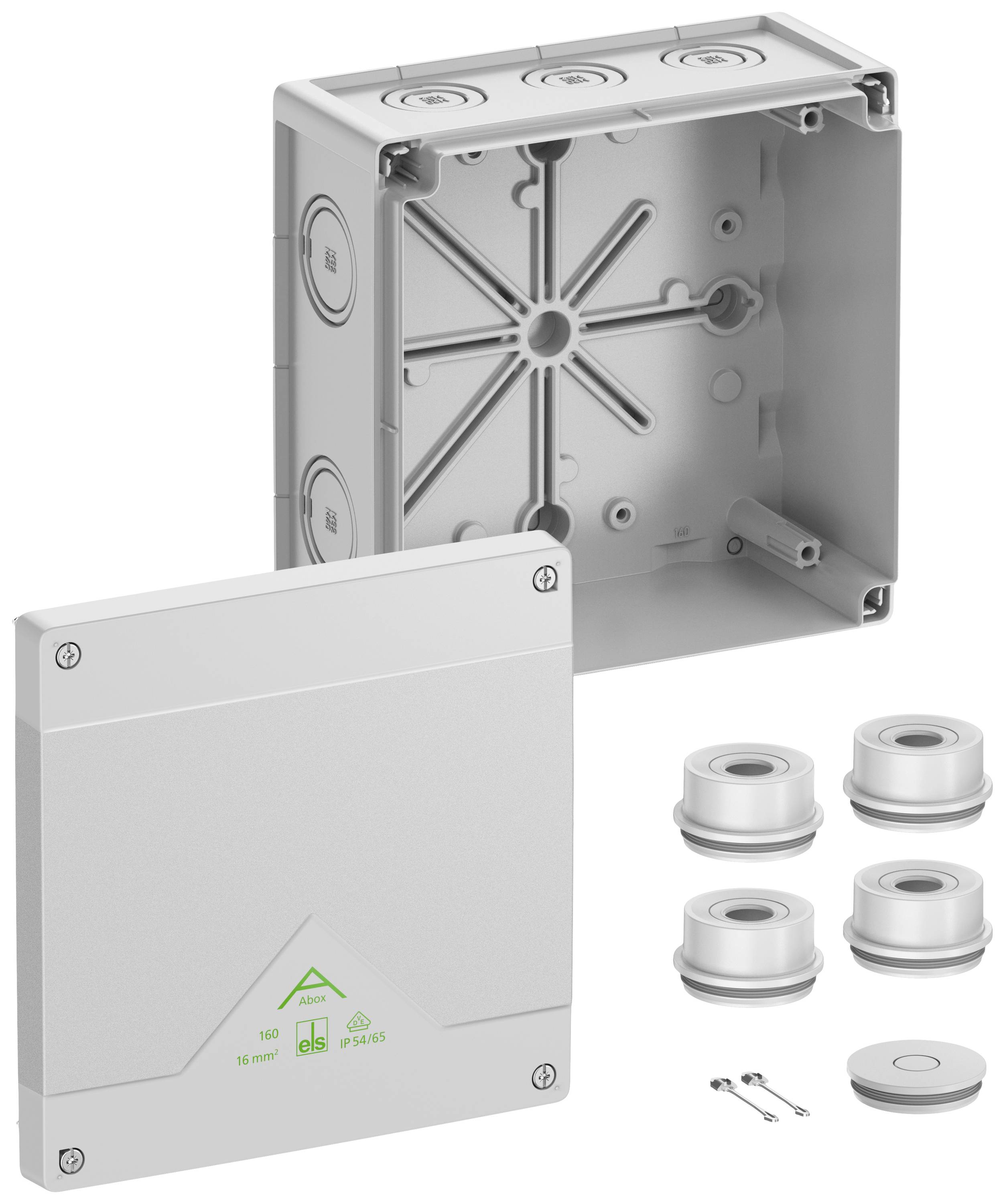 Electrical distribution box with a removable cover, multiple cable entry points, and mounting hardware, suitable for versatile installations.