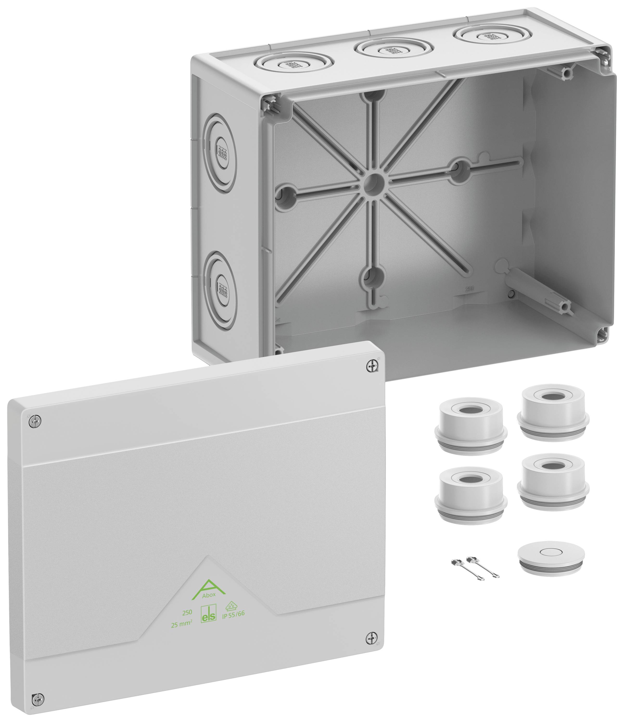 Plastic distribution box, opened, showing interior and round cable entry points. Contains additional installation accessories.