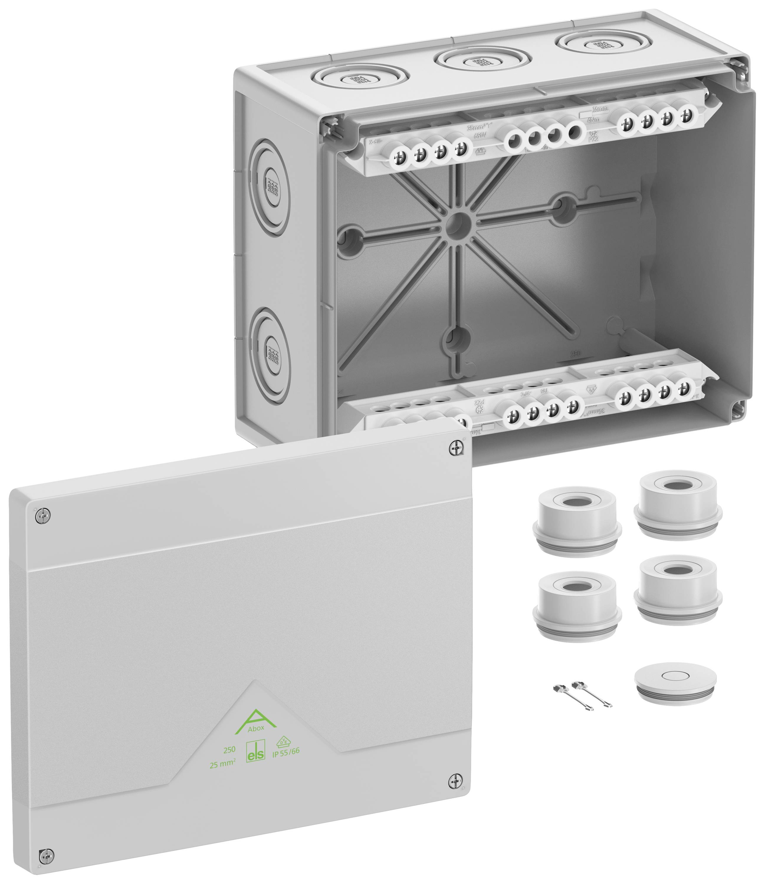 Grey-translucent electrical terminal housing with cable glands and included screws. Suitable for electrical installations.