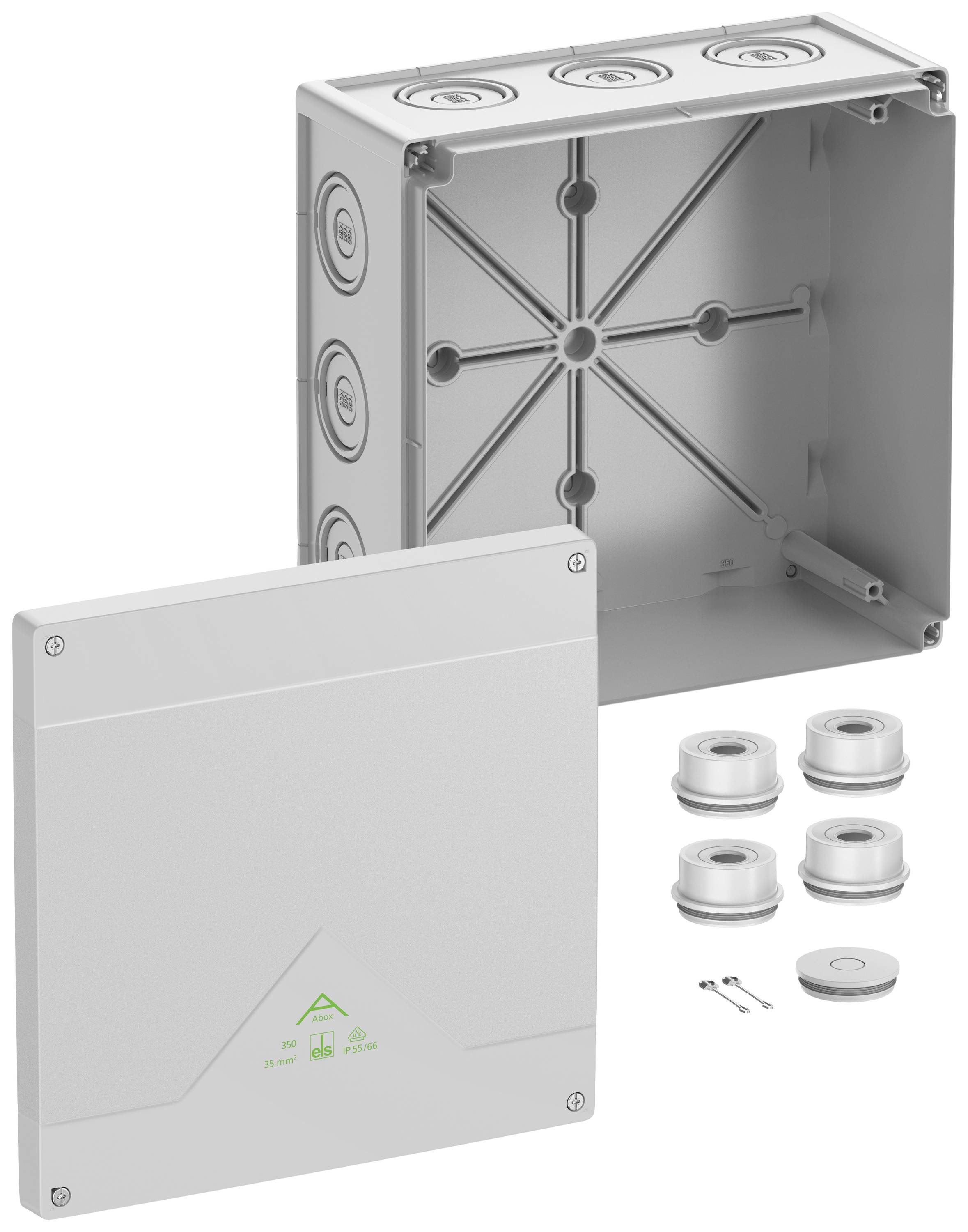 Plastic distribution box with removable cover, multiple cable entry points and wall-mounting accessories.