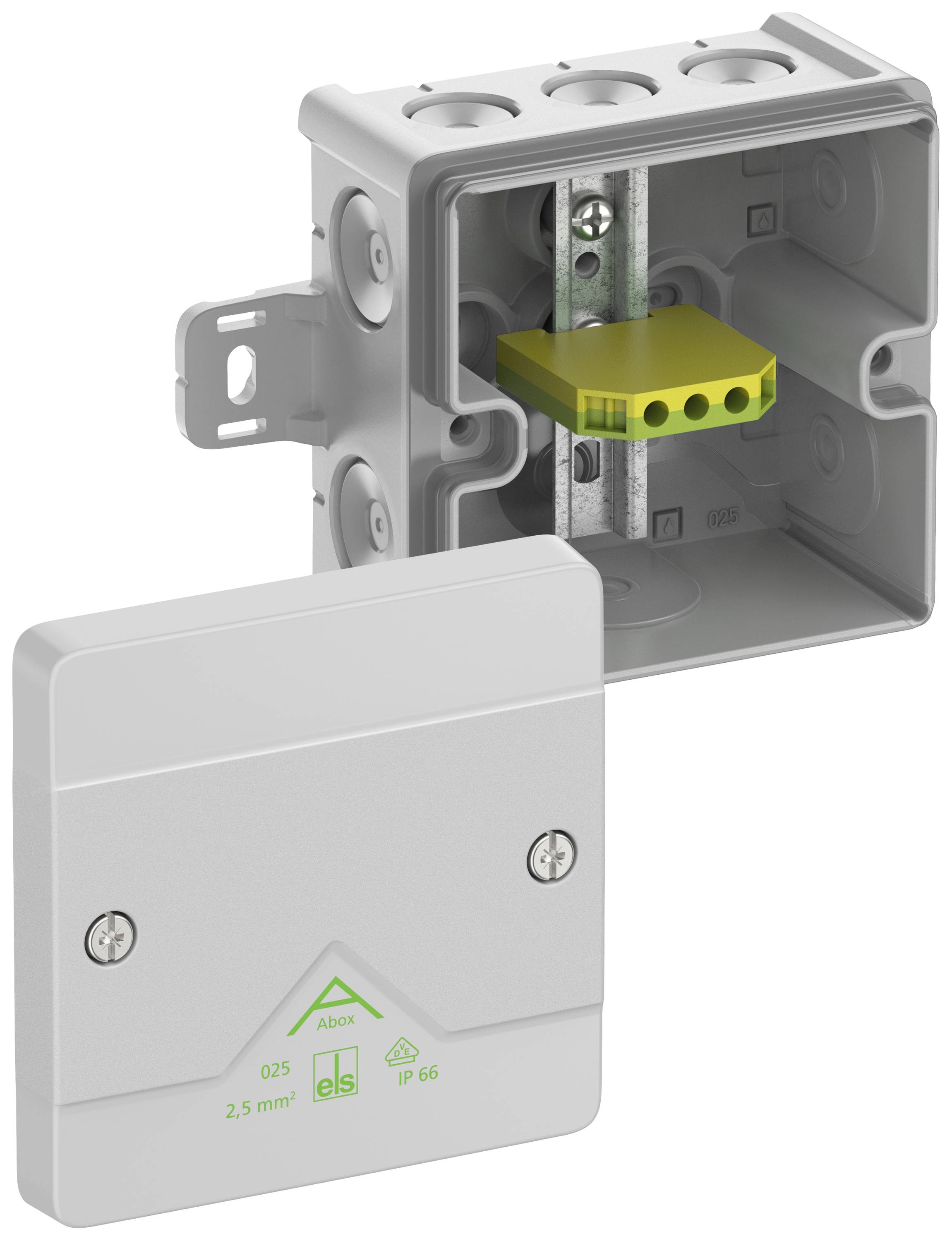 Grey-yellow electrical socket with open cover. Square, four cable connections, suitable for 2.5 mm² wires.