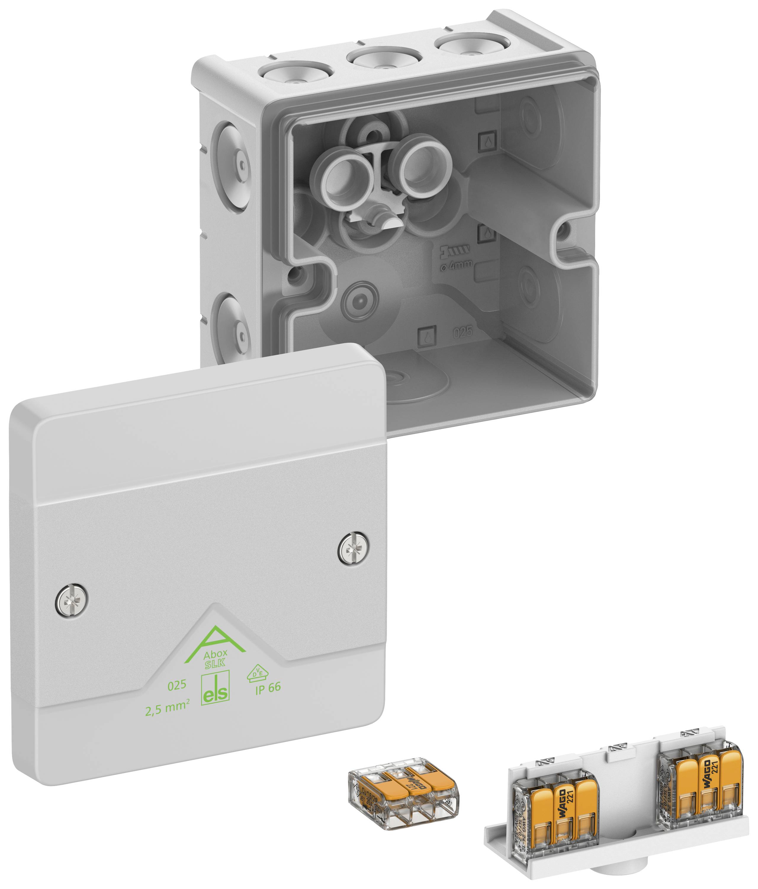 A grey electrical socket with an open lid. Inside are connection points for cables that can be connected using an orange-transparent Wago terminal block.
