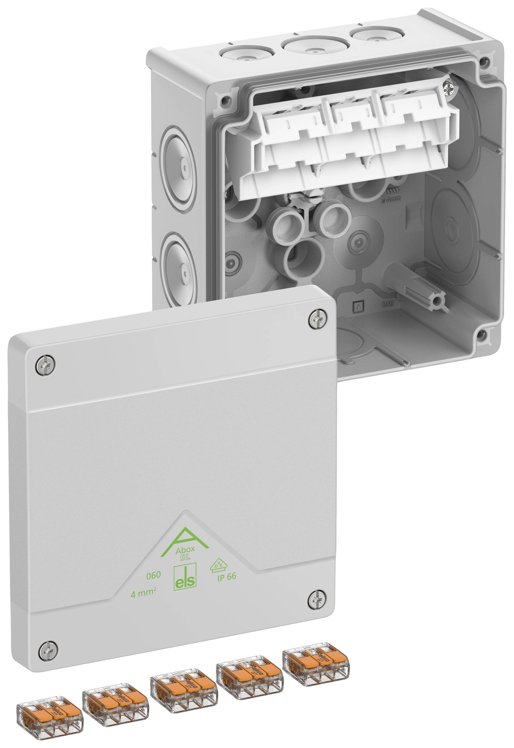 A grey enclosure with a removable lid and multiple cable connectors, suitable for electrical installations in both indoor and outdoor environments.
