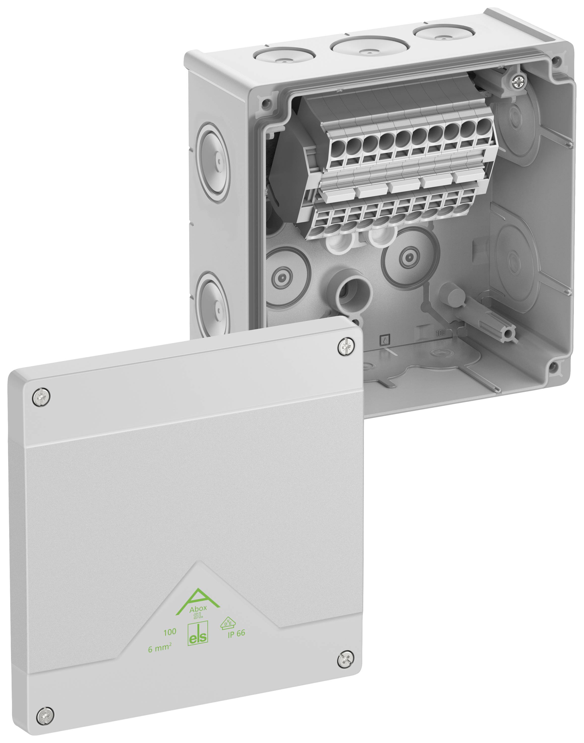 Grey-white junction box with an open lid, revealing internal components and cable connections.