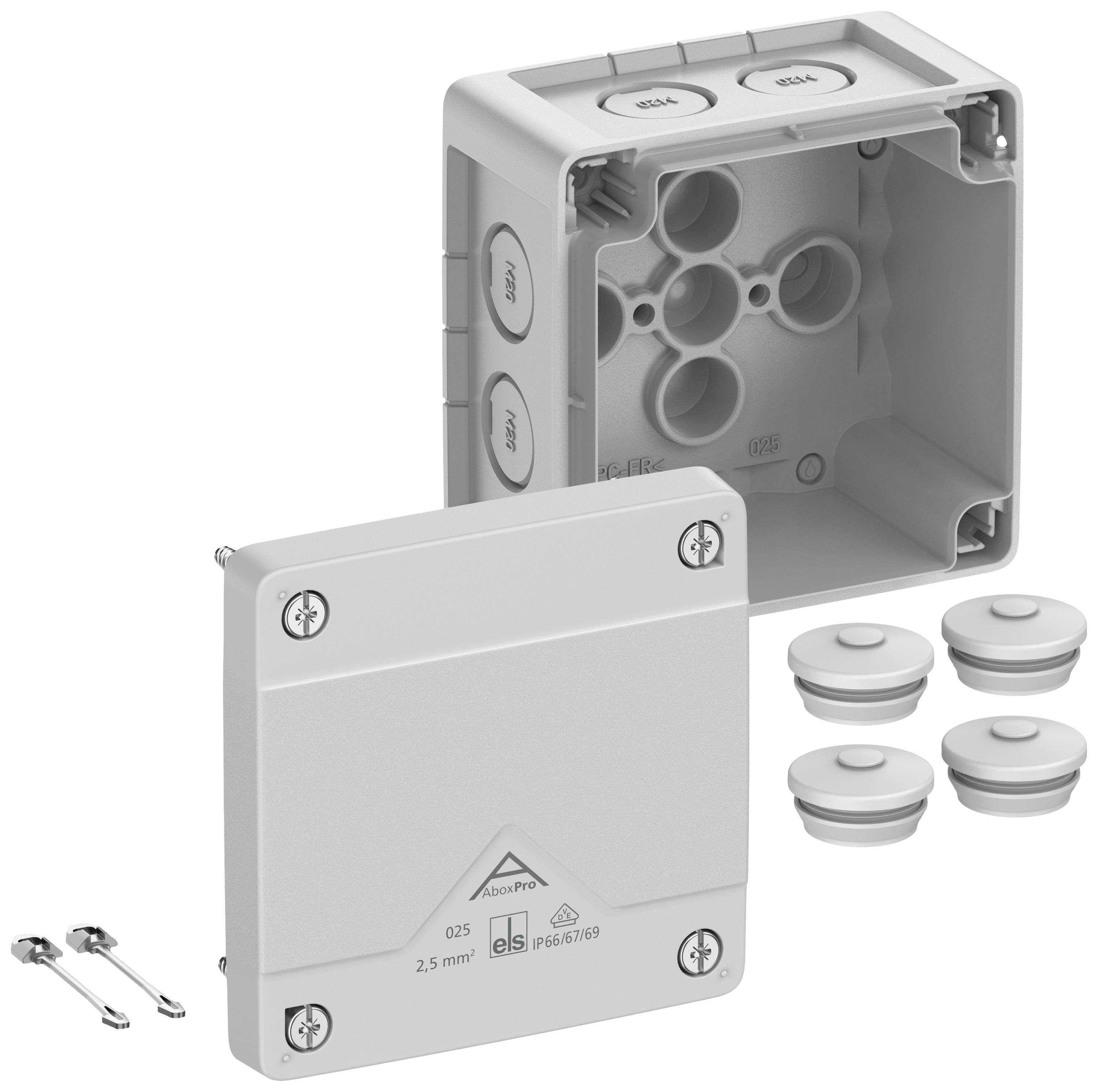 Electrical junction box with a removable lid, screws and seals. Four cable entry points are visible.