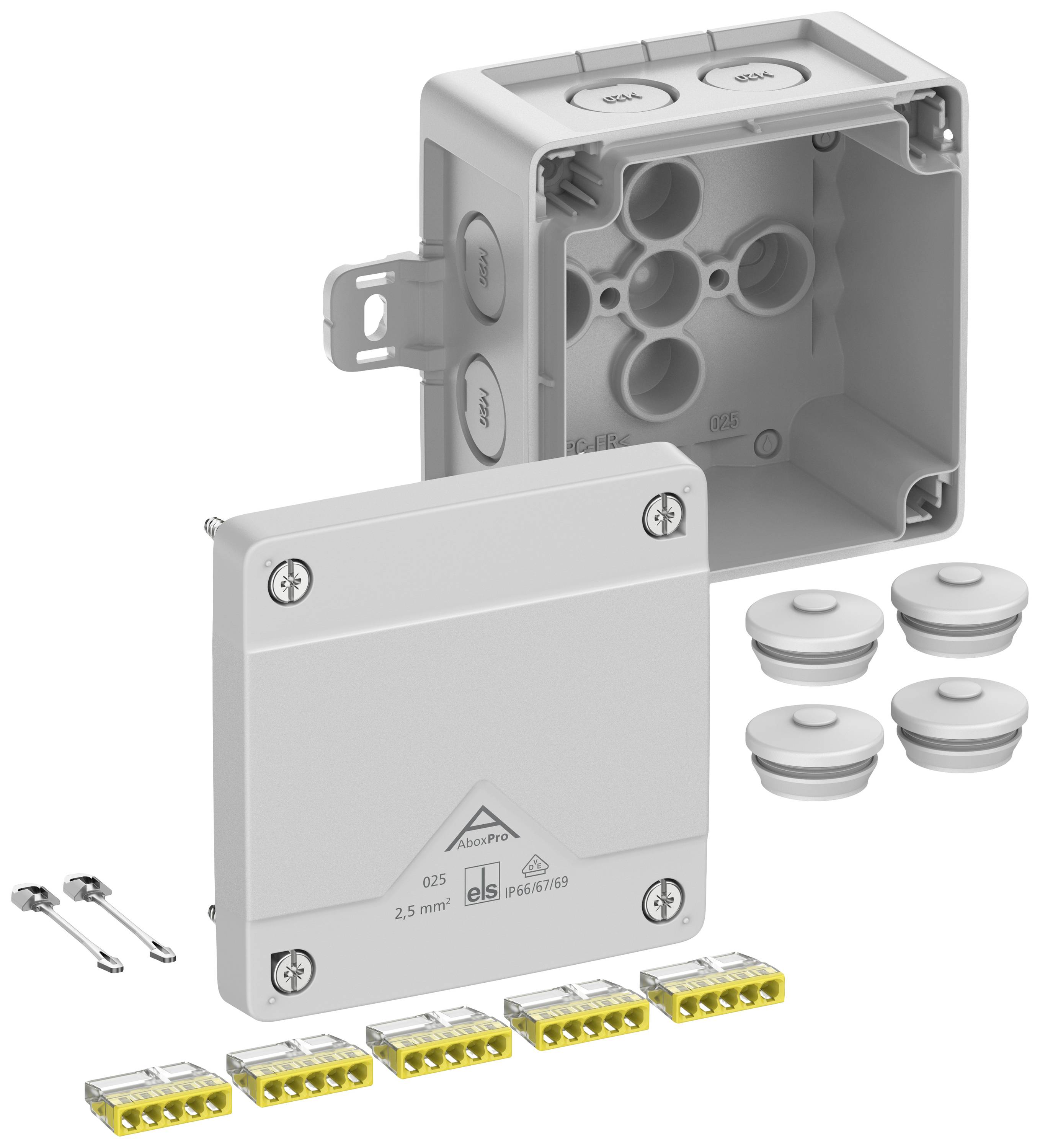 Grey-white junction box with removable cover, multiple cable entries, and included accessories such as screws and clips.