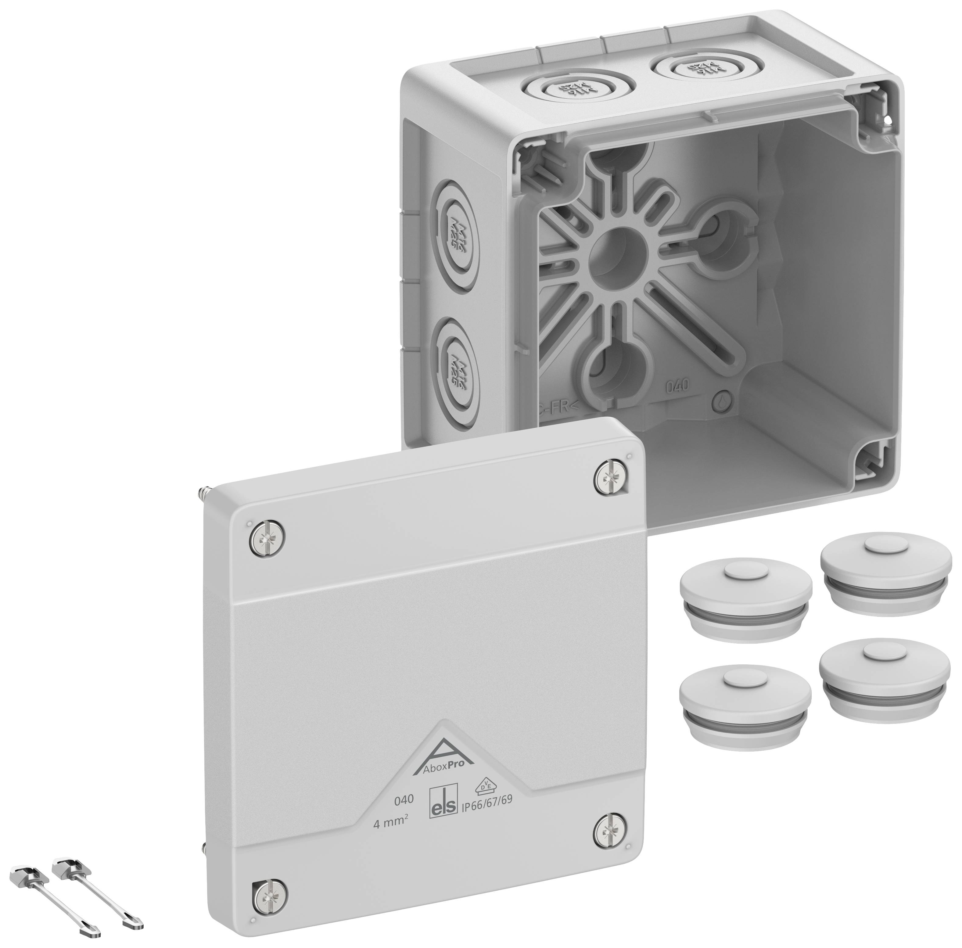 Plastic junction box with removable cover, four round cable entry points and mounting screws, for electrical installation.