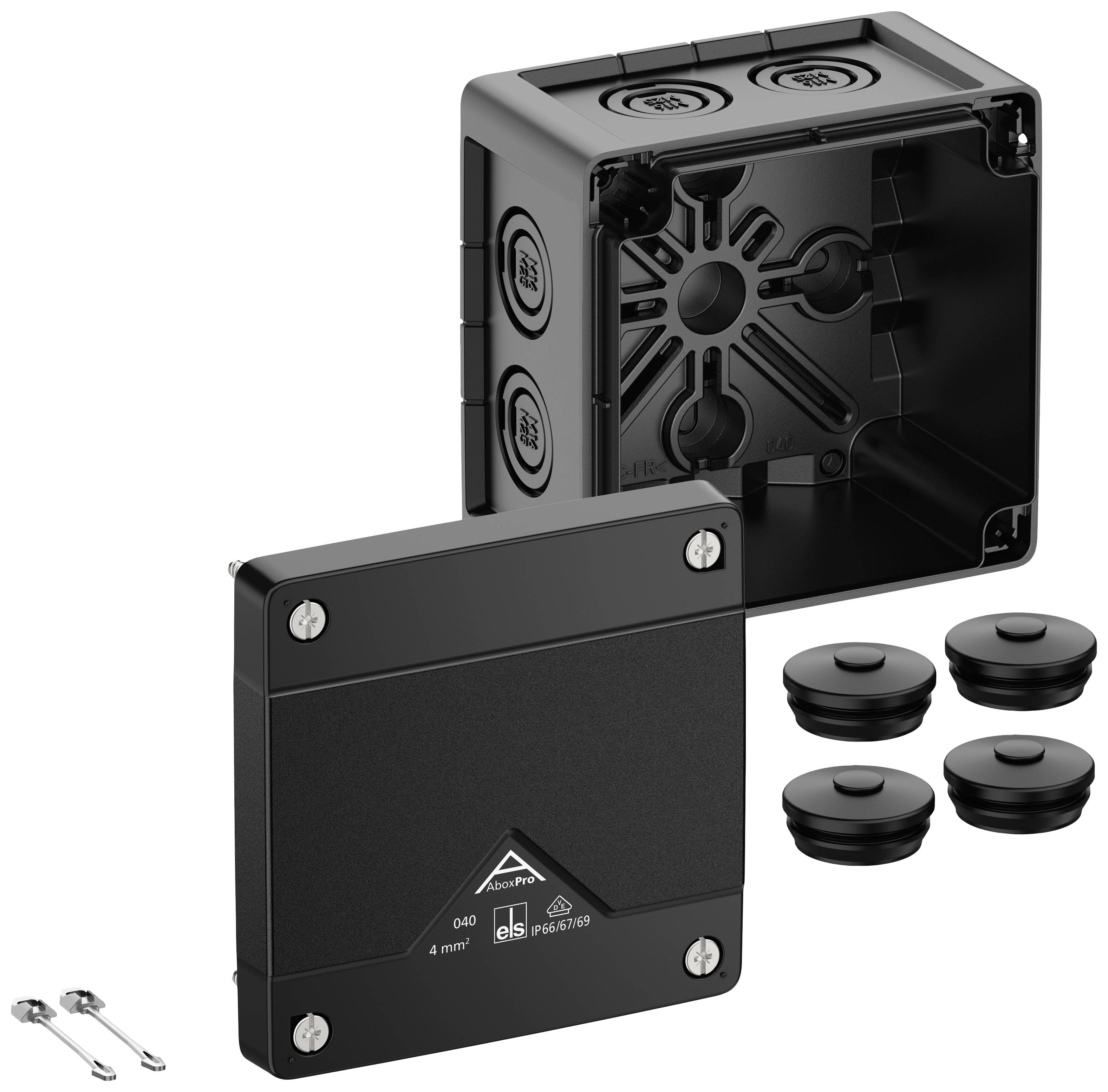 A black junction box with a removable lid, four rubber seals, and two small mounting keys visible.