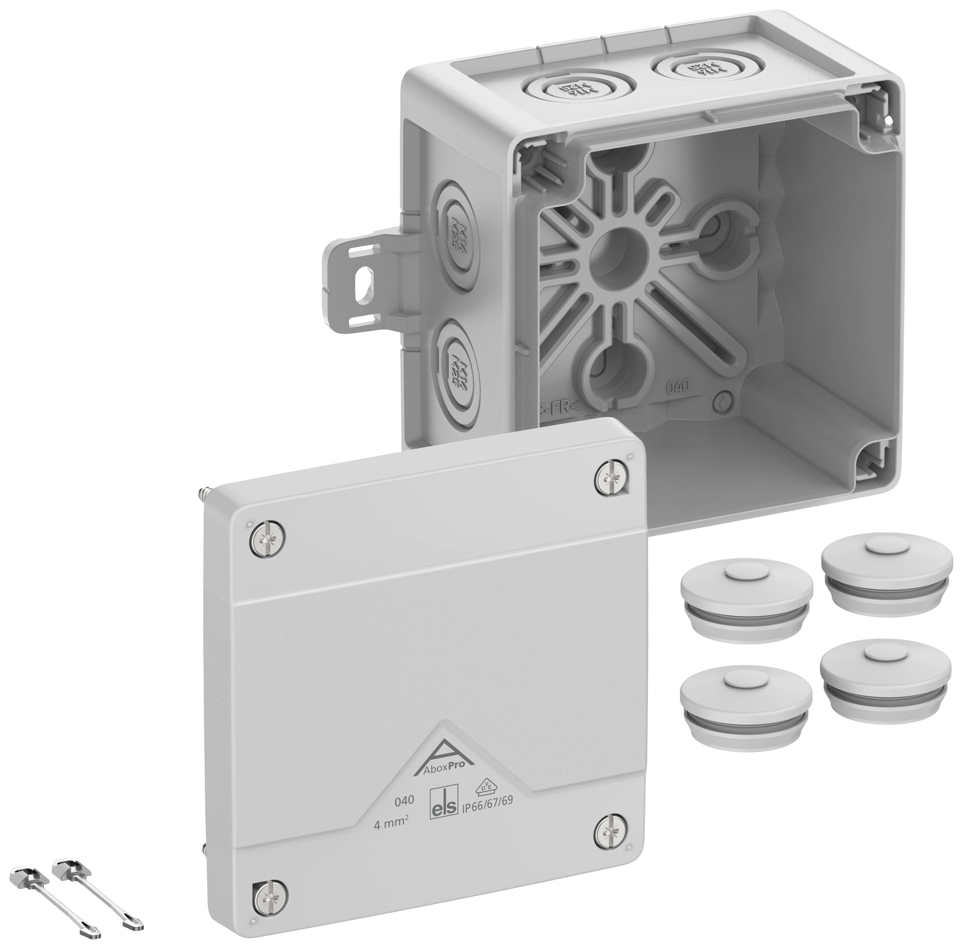 An open junction box with a lid and four blanking plugs. Two screws are also included in the delivery.