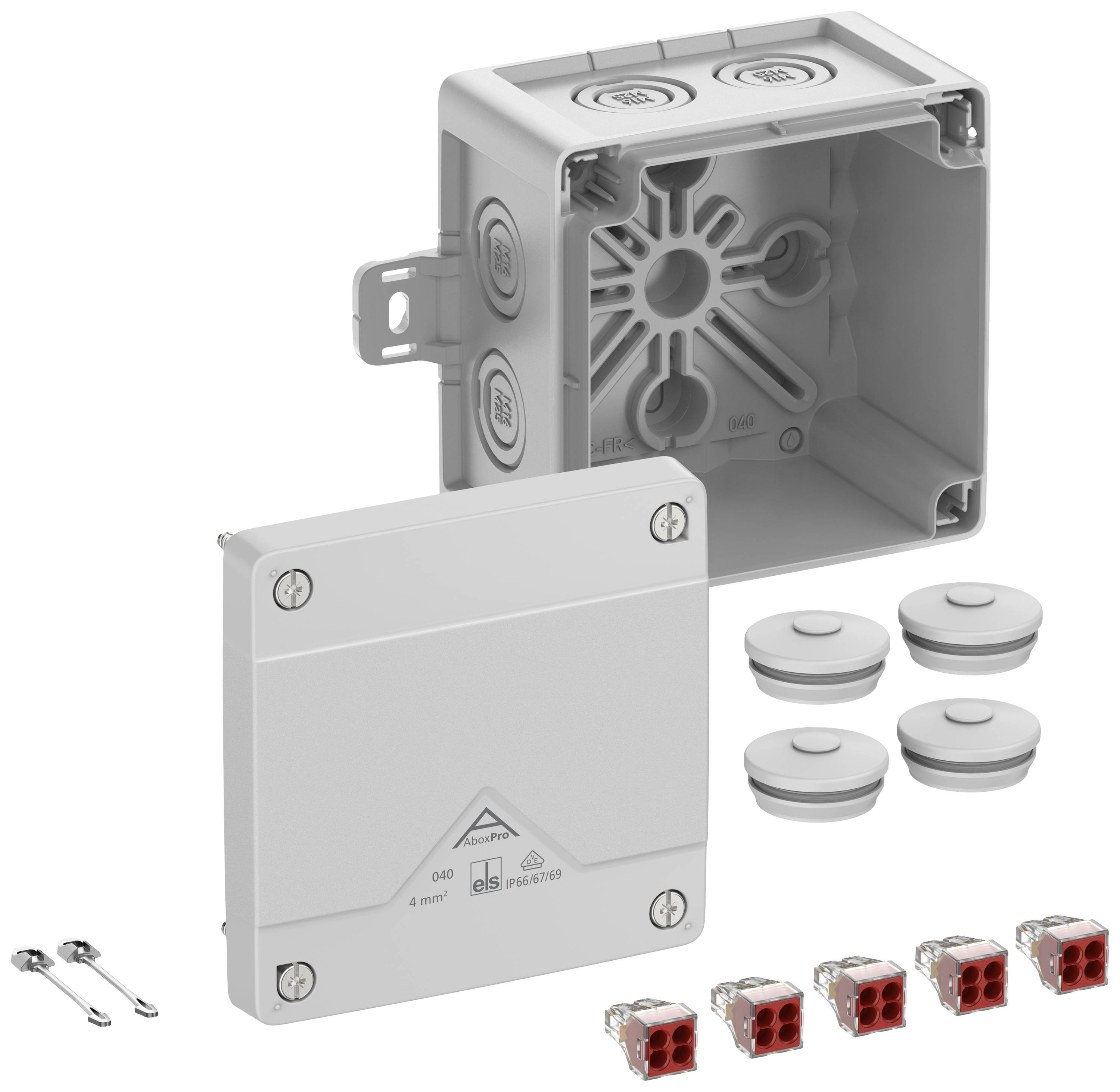 A grey rectangular junction box with a removable cover, screws and connector blocks; suitable for electrical installations.