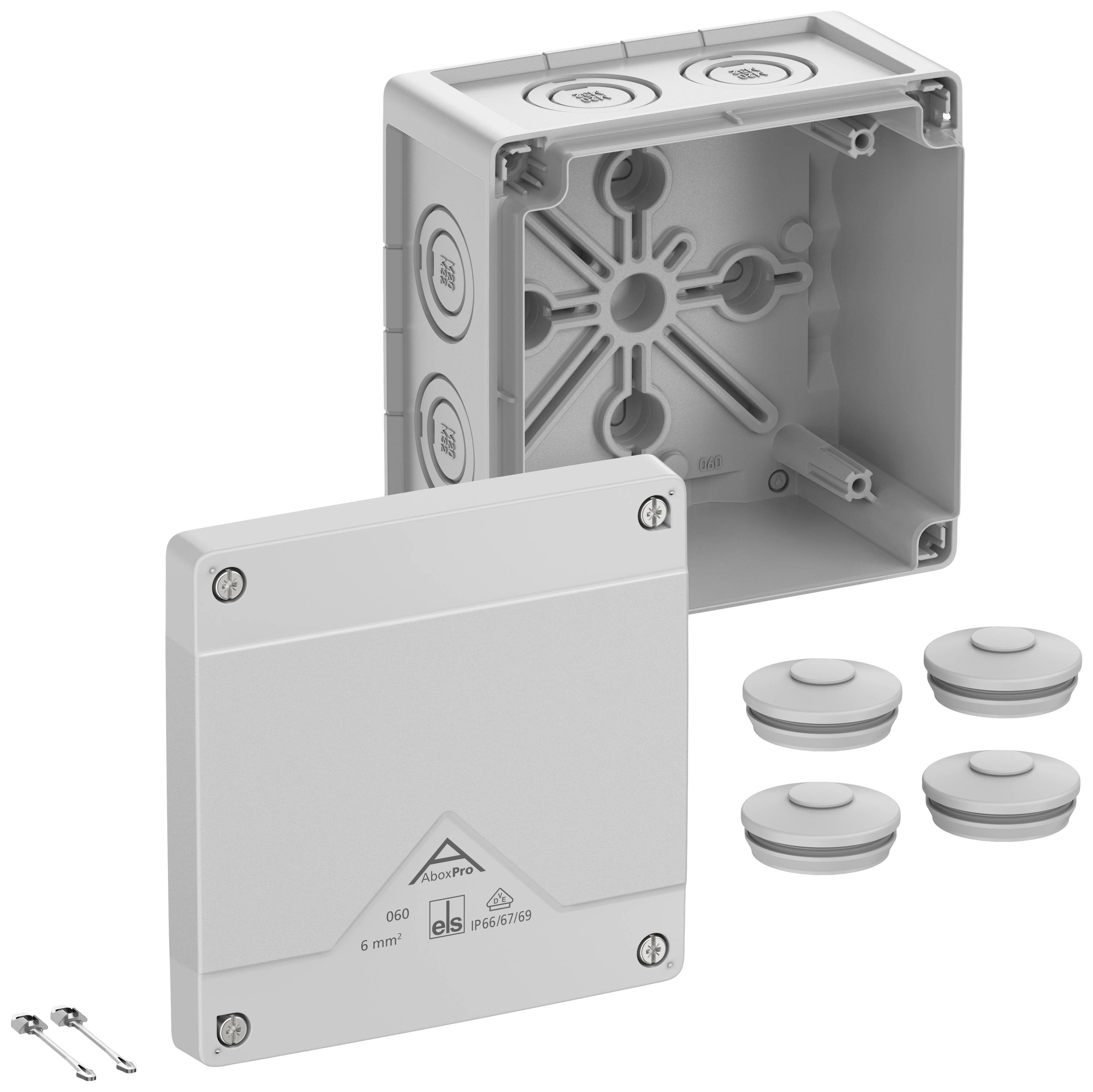 A grey junction box with its lid removed, four cable connection elements, and two accompanying screws.