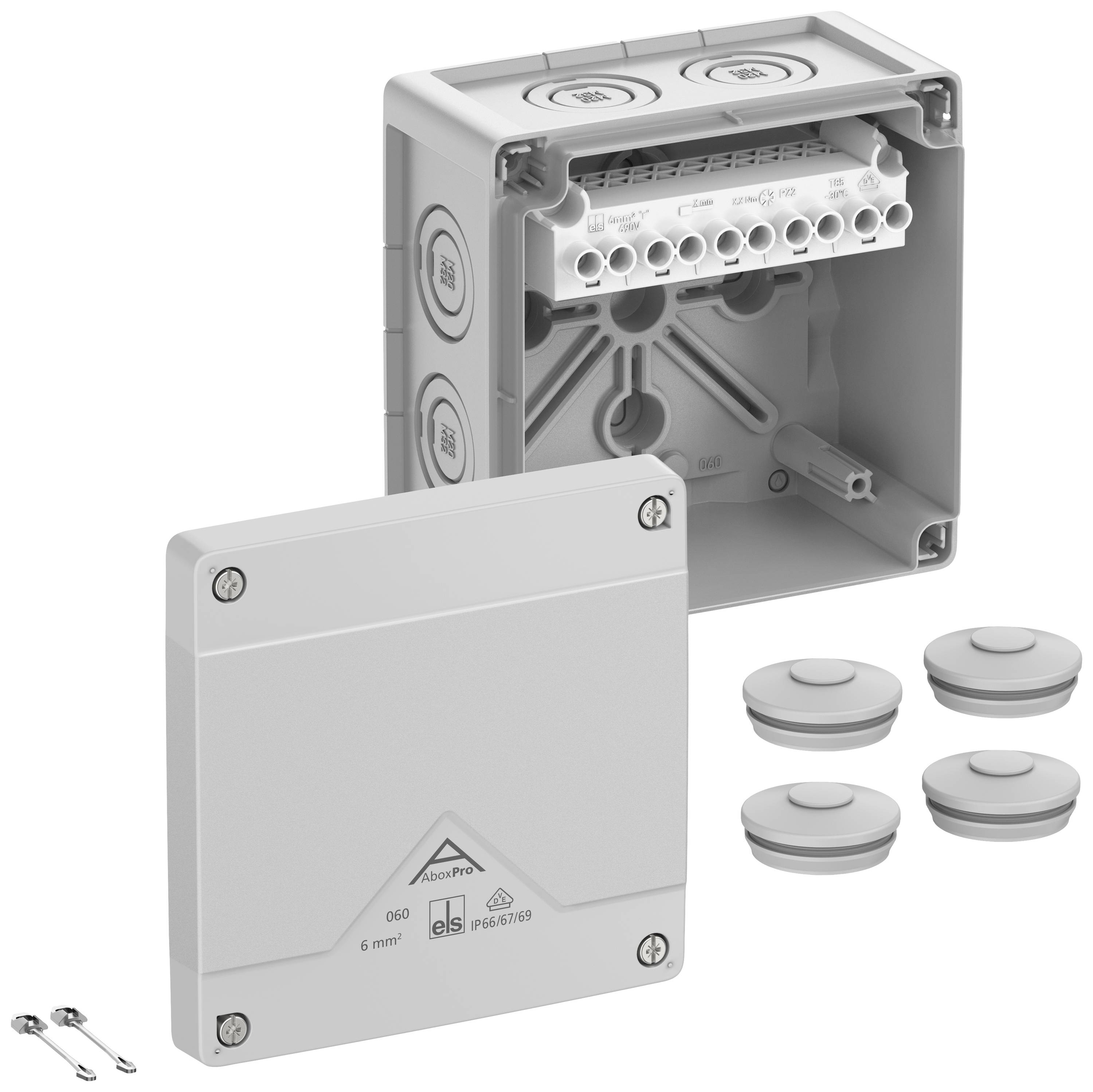 Electrical connection box with open lid, showing terminal strip and cable entry points. Includes removable protective caps and screws.