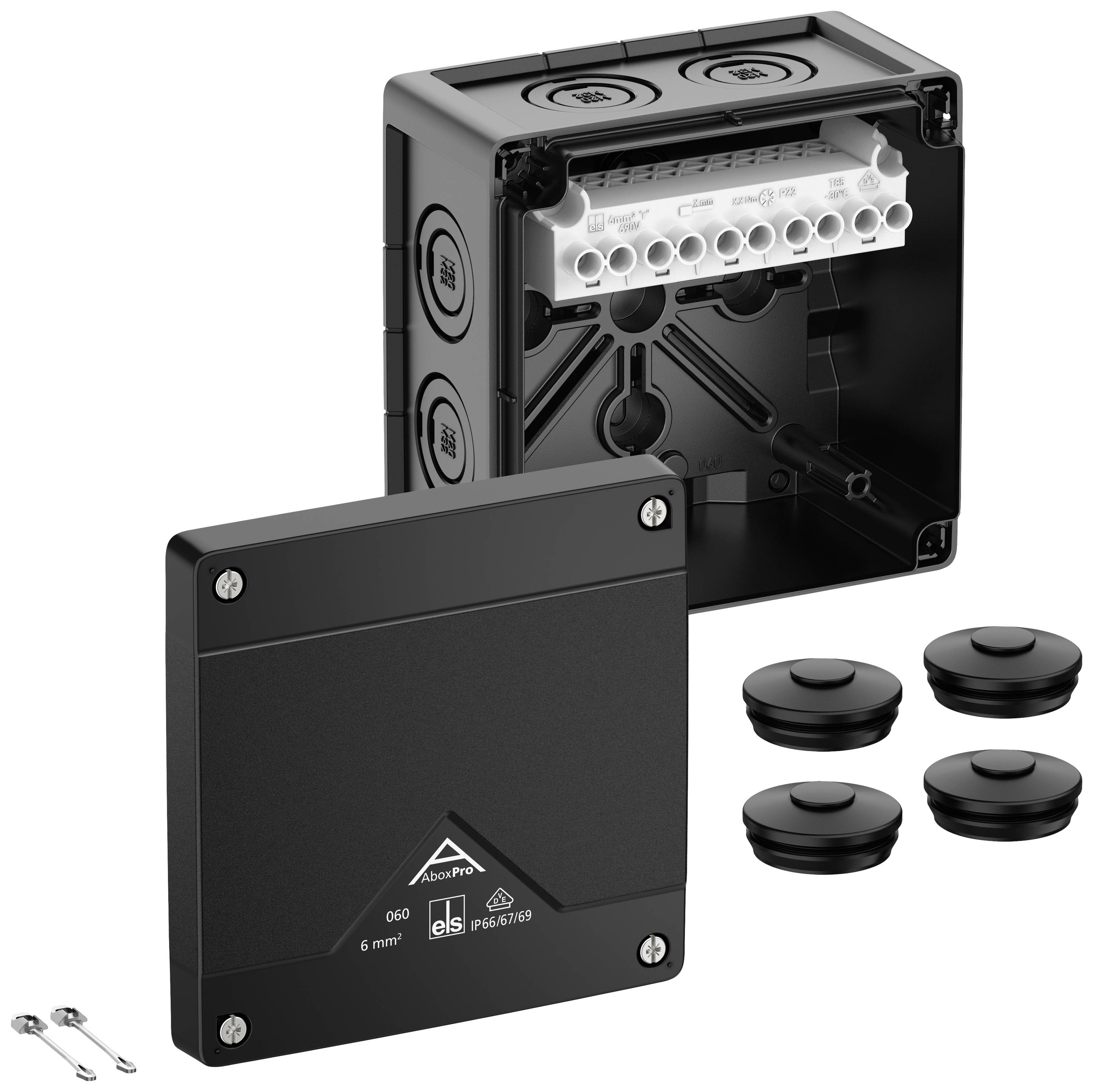 Electrical socket, opened, showing internal wiring. Removable cover beside it, three cable entry points are placed separately.
