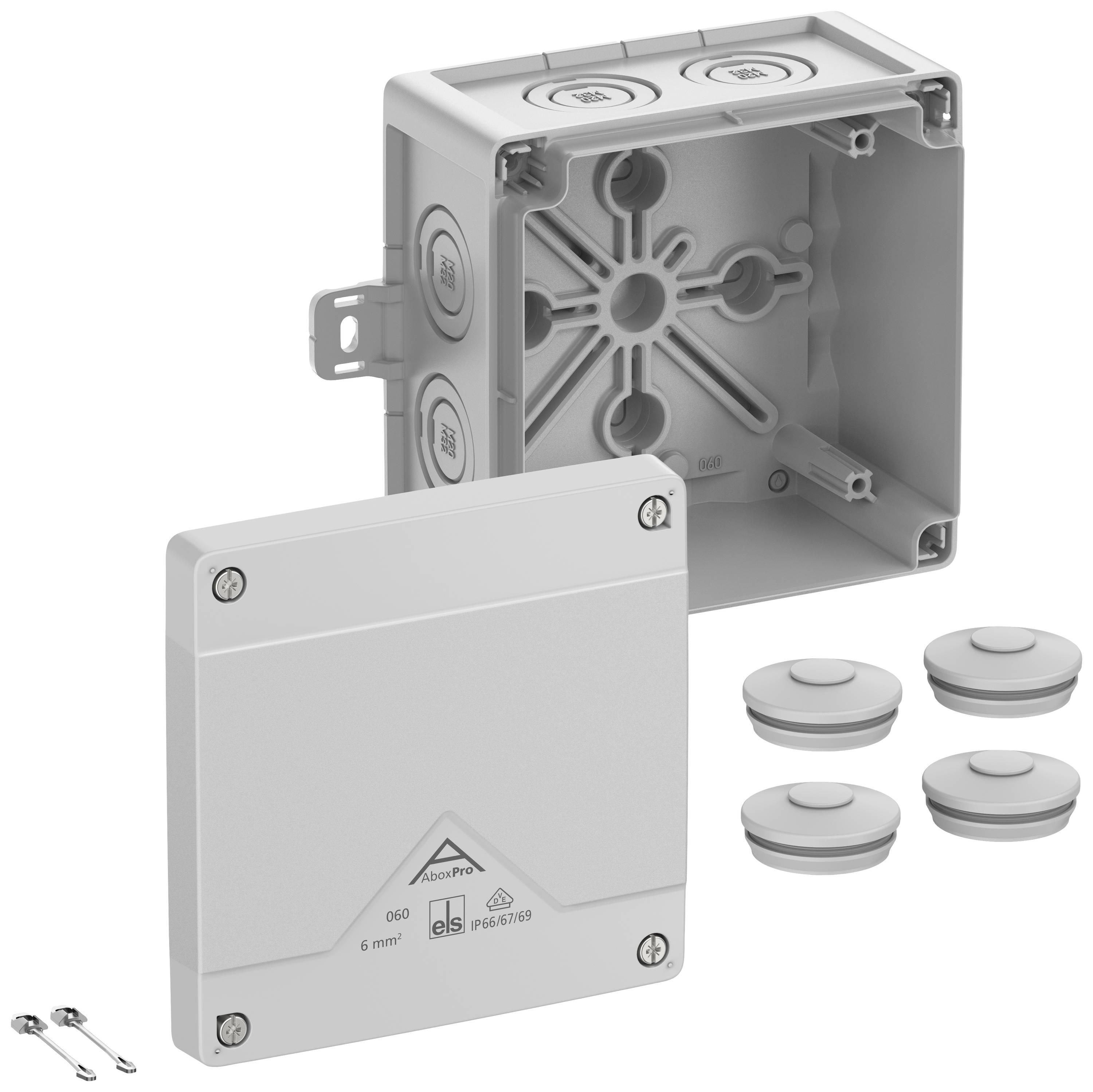 A grey plastic junction box shown, with a removable lid, four round connection openings, and accompanying screws.